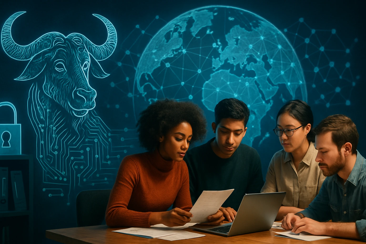 Négy fiatal szakember dolgozik egy laptop előtt, háttérben digitális világkép.