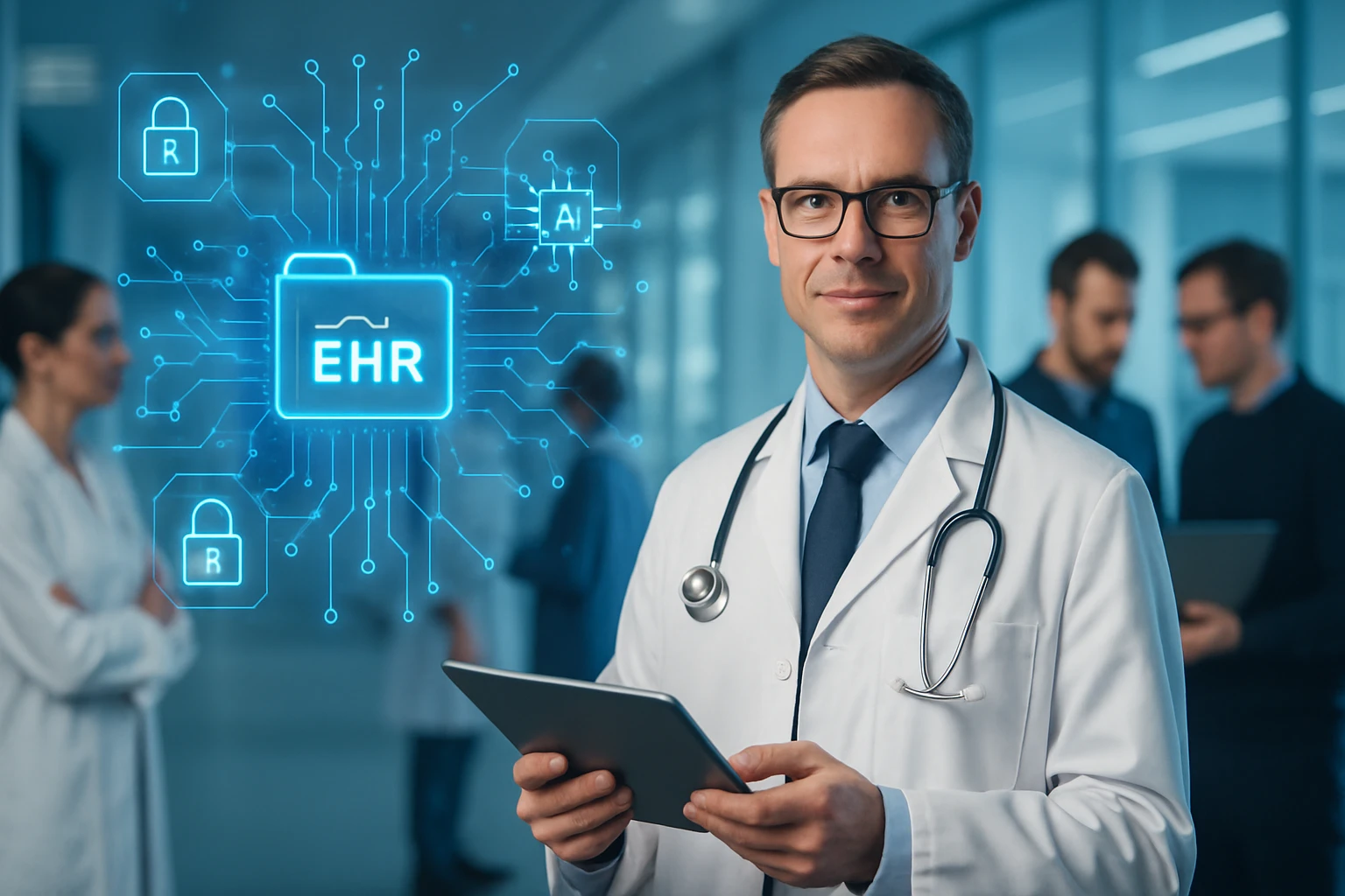Egy orvos tabletet tart a kezében, háttérben digitális EHR rendszer látható.