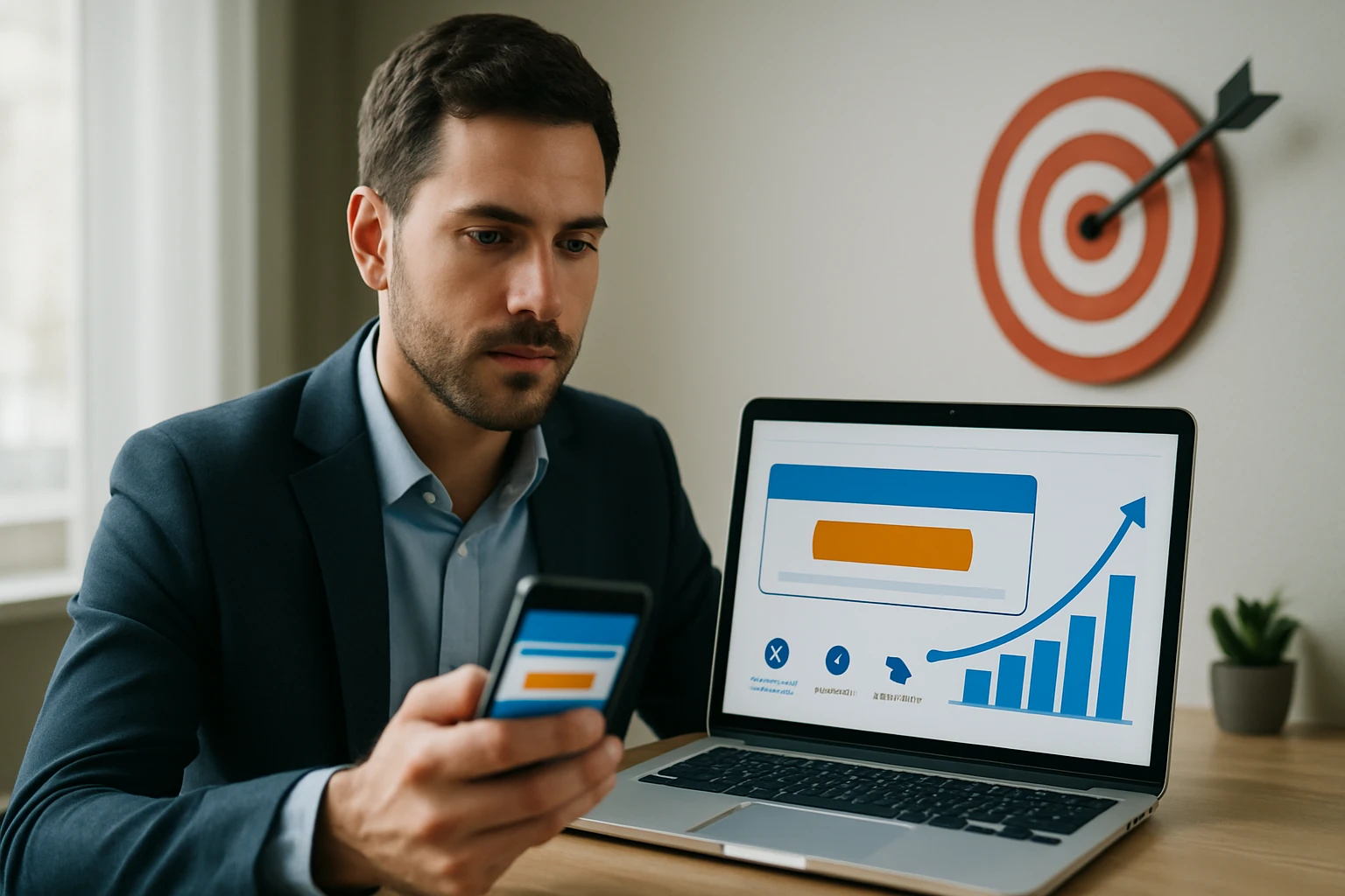Egy férfi laptopon és telefonon dolgozik, digitális grafikonokat nézve.