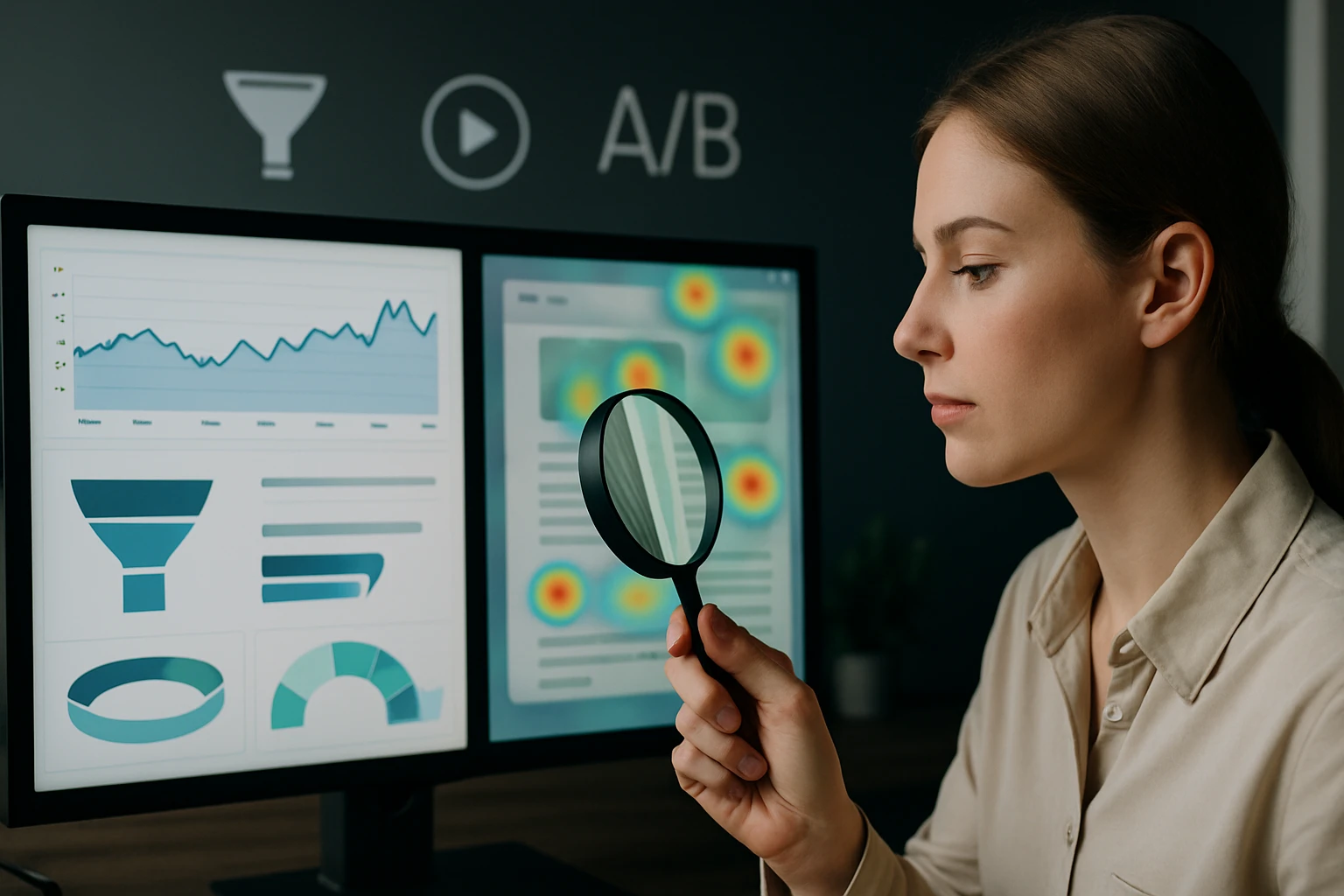 Egy nő magnóval nézi a digitális elemzéseket a számítógép képernyőjén.