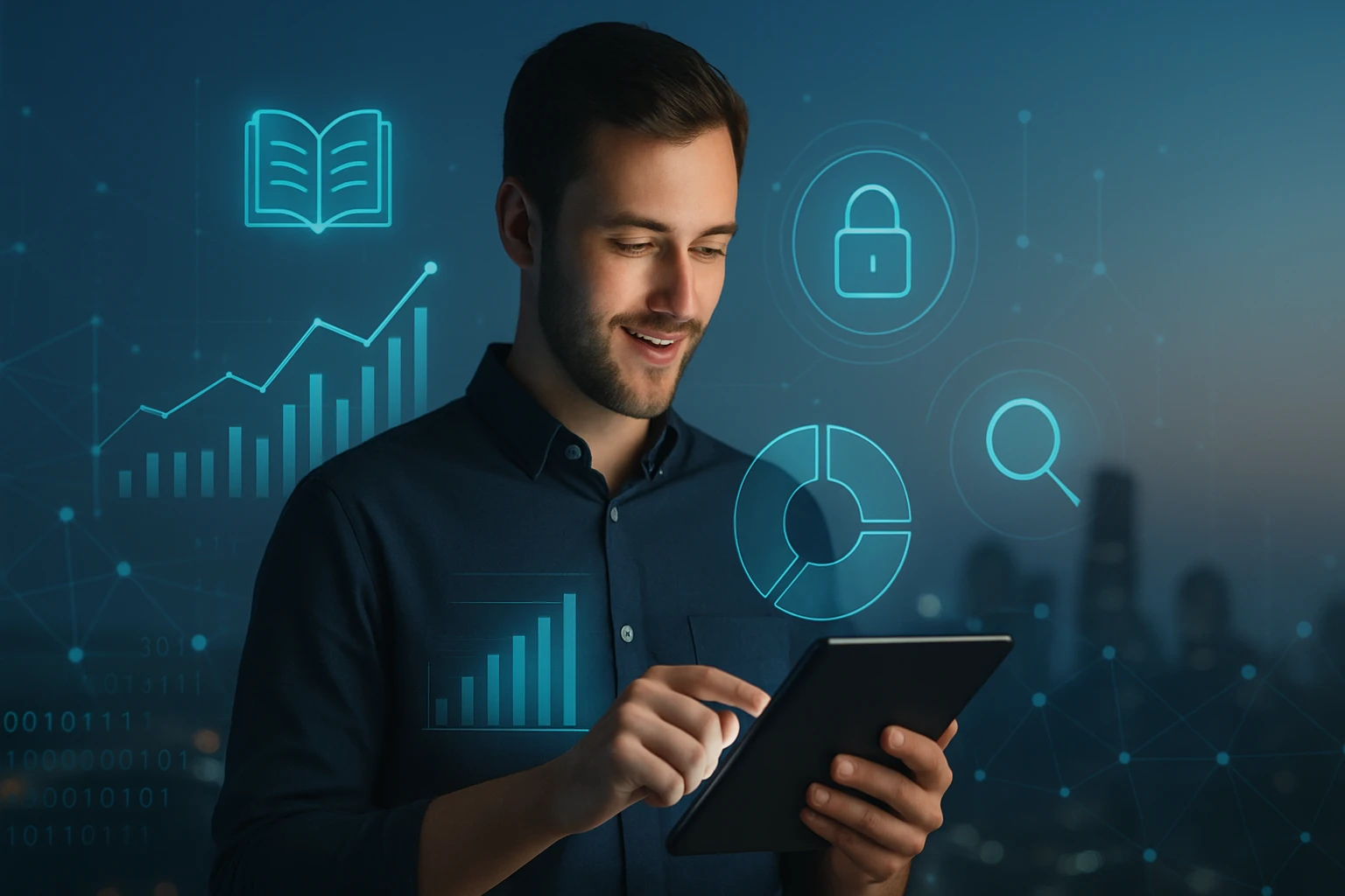 Egy fiatal férfi táblagépet használ, háttérben digitális grafikonokkal.
