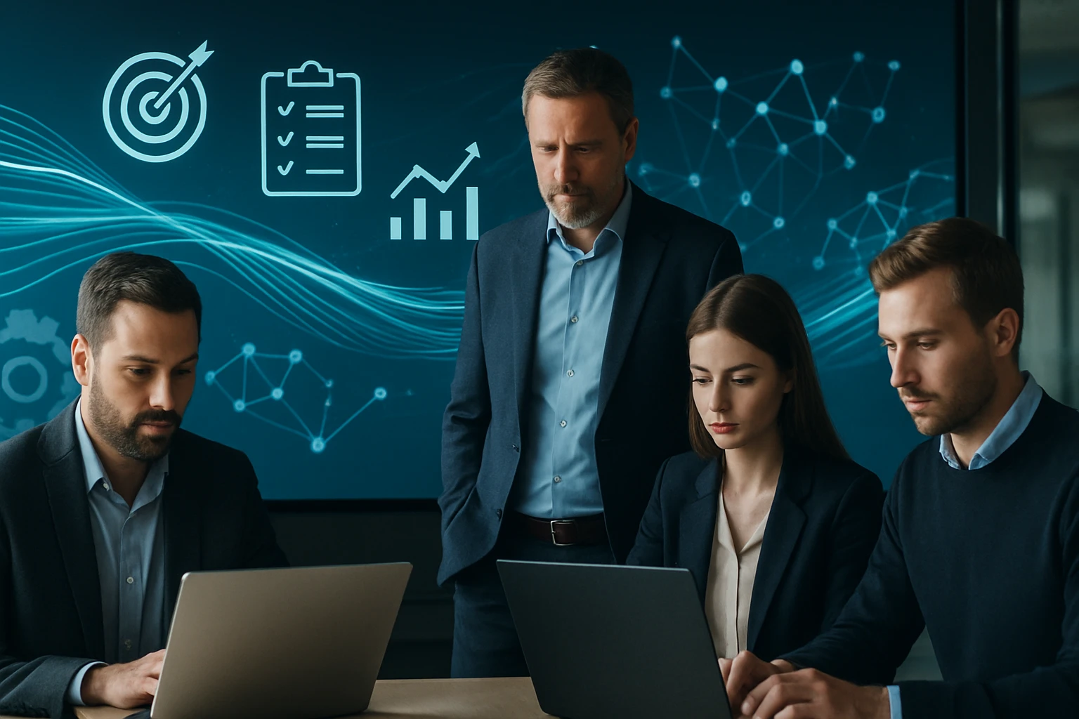 Négy üzletember laptop előtt, háttérben digitális grafikonokkal.