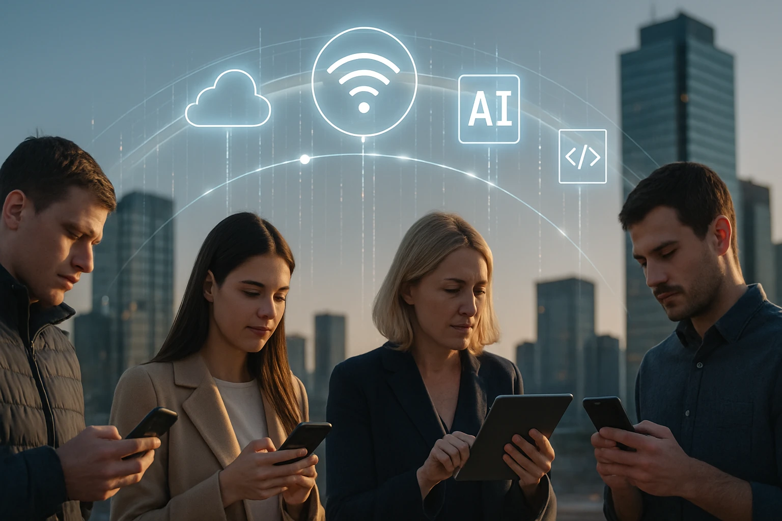 Négy ember áll a városban, okostelefonokat és táblagépet használva, digitális ikonokkal a háttérben.