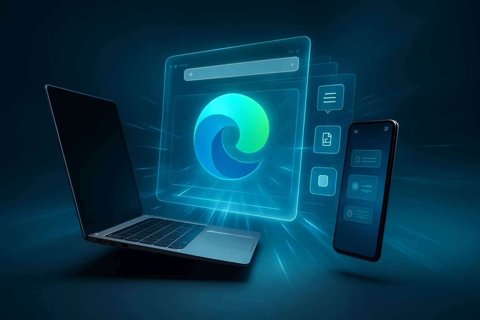 Egy laptop és egy okostelefon, digitális interfészekkel és böngésző logóval.