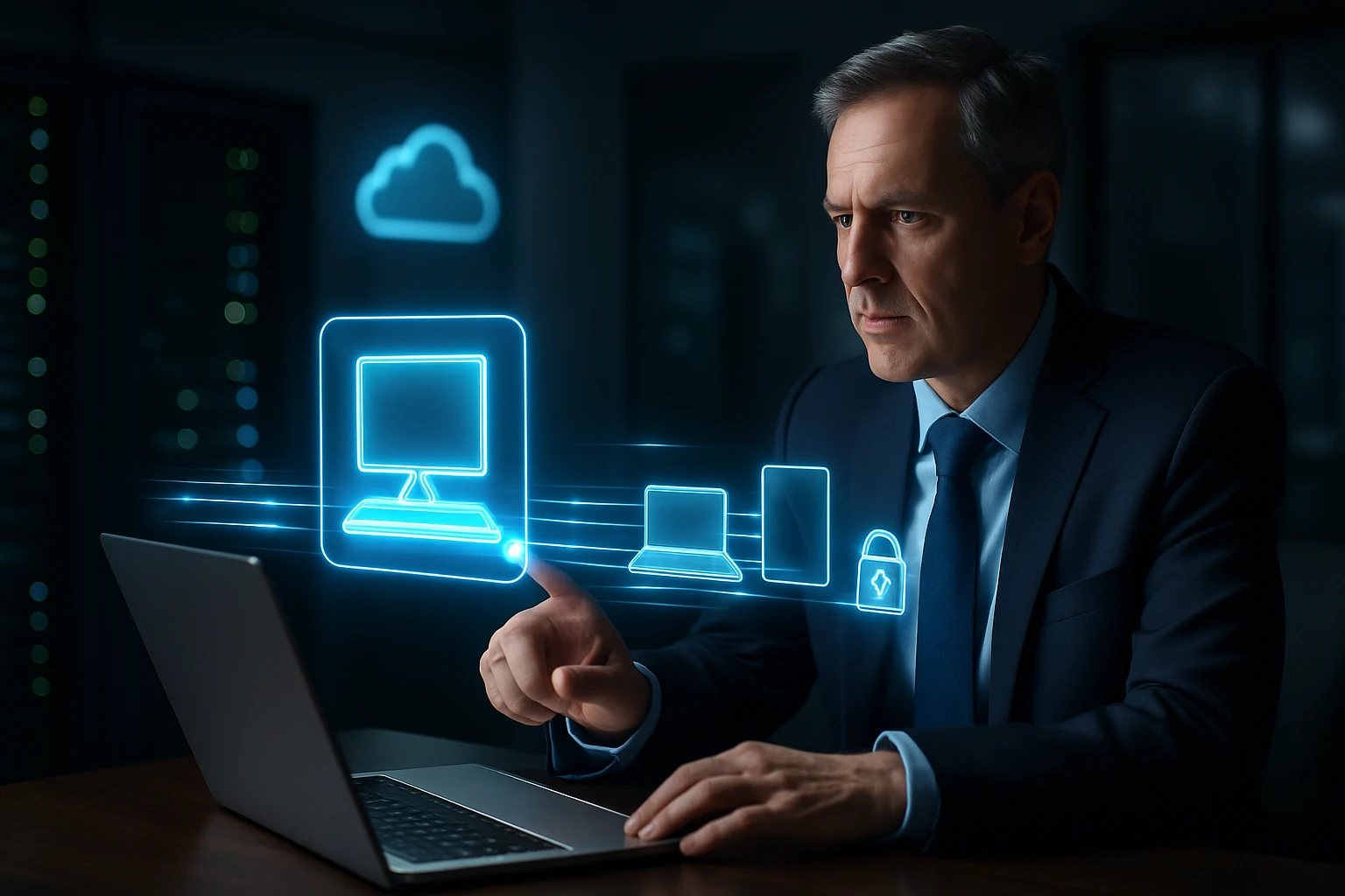 Egy férfi laptop előtt ül, digitális eszközöket és felhőt ábrázoló hologramot mutat.