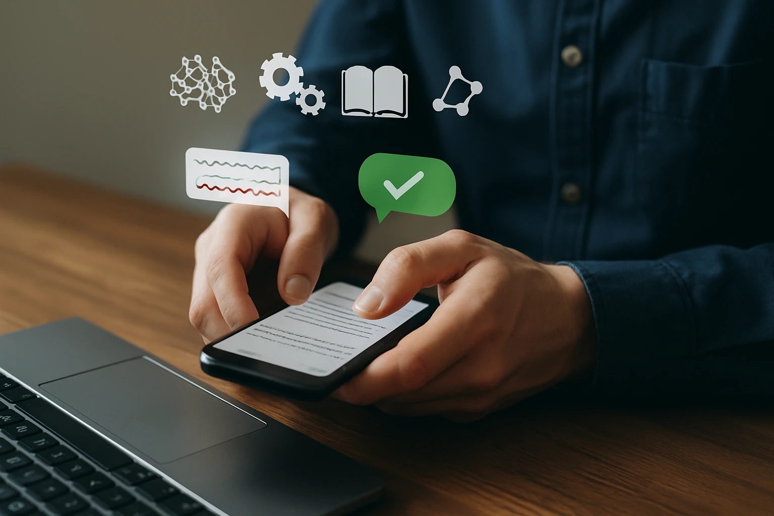 Egy kéz mobiltelefonon böngészik, digitális ikonok lebegnek a képernyő felett.