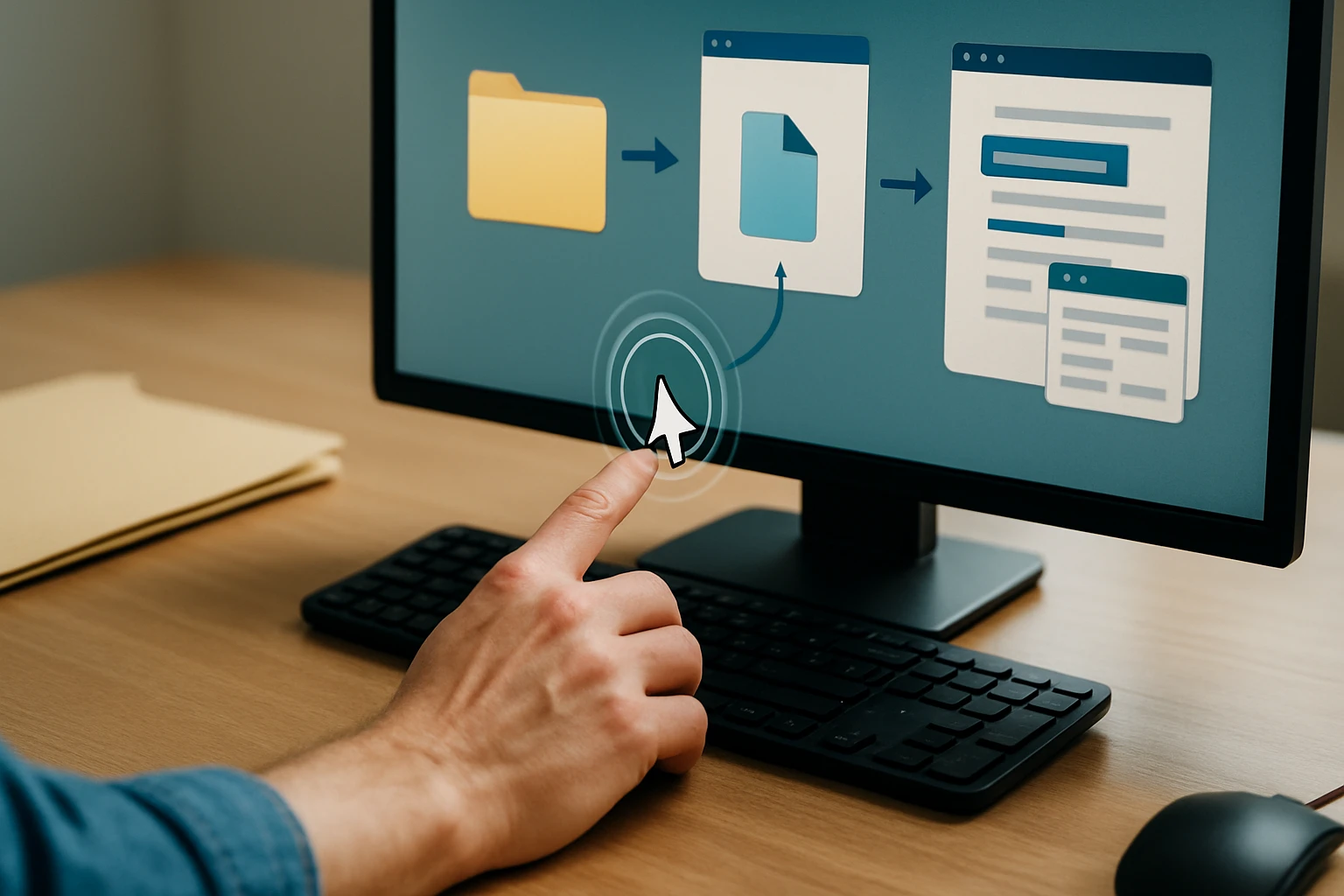 Egy kéz mutat a számítógép képernyőjén lévő fájlkezelési folyamatra.