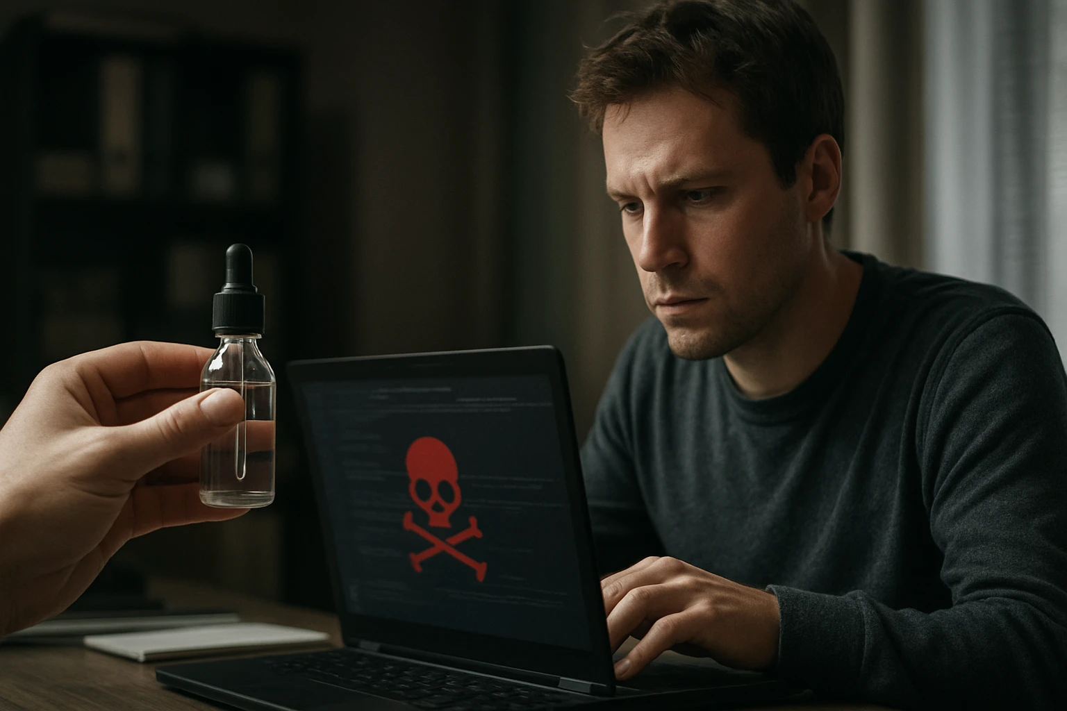 Egy férfi aggodalommal néz a laptopjára, miközben egy üveg cseppentőt tart a kezében.