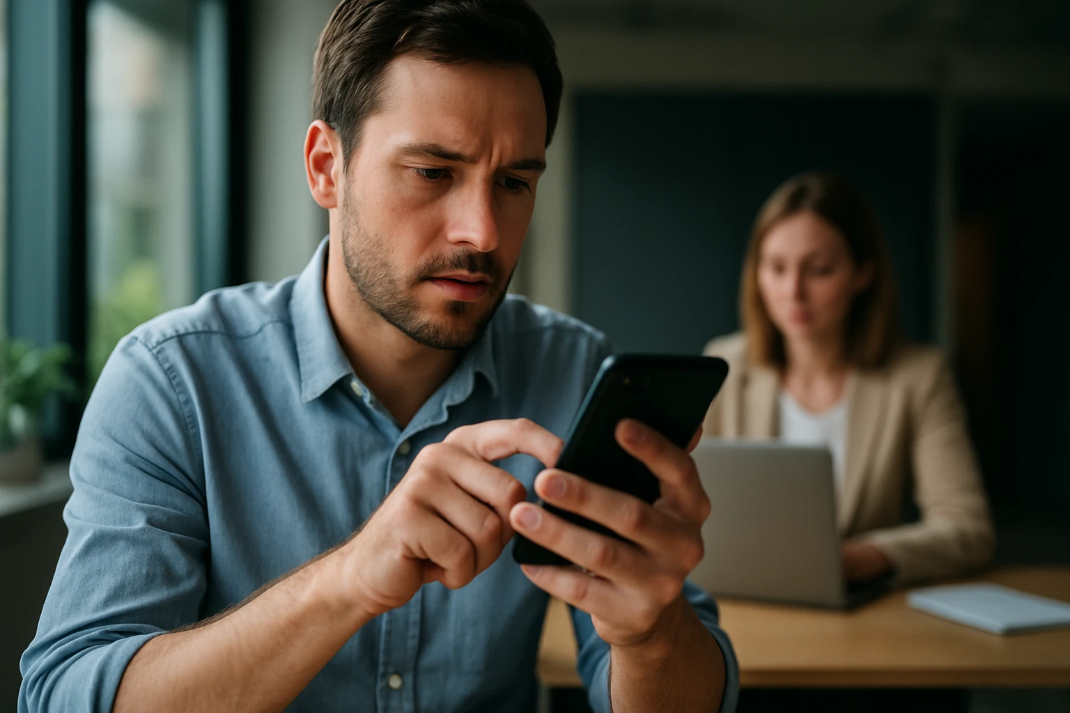 Egy férfi figyelmesen nézi a telefonját, miközben egy nő háttérben dolgozik.