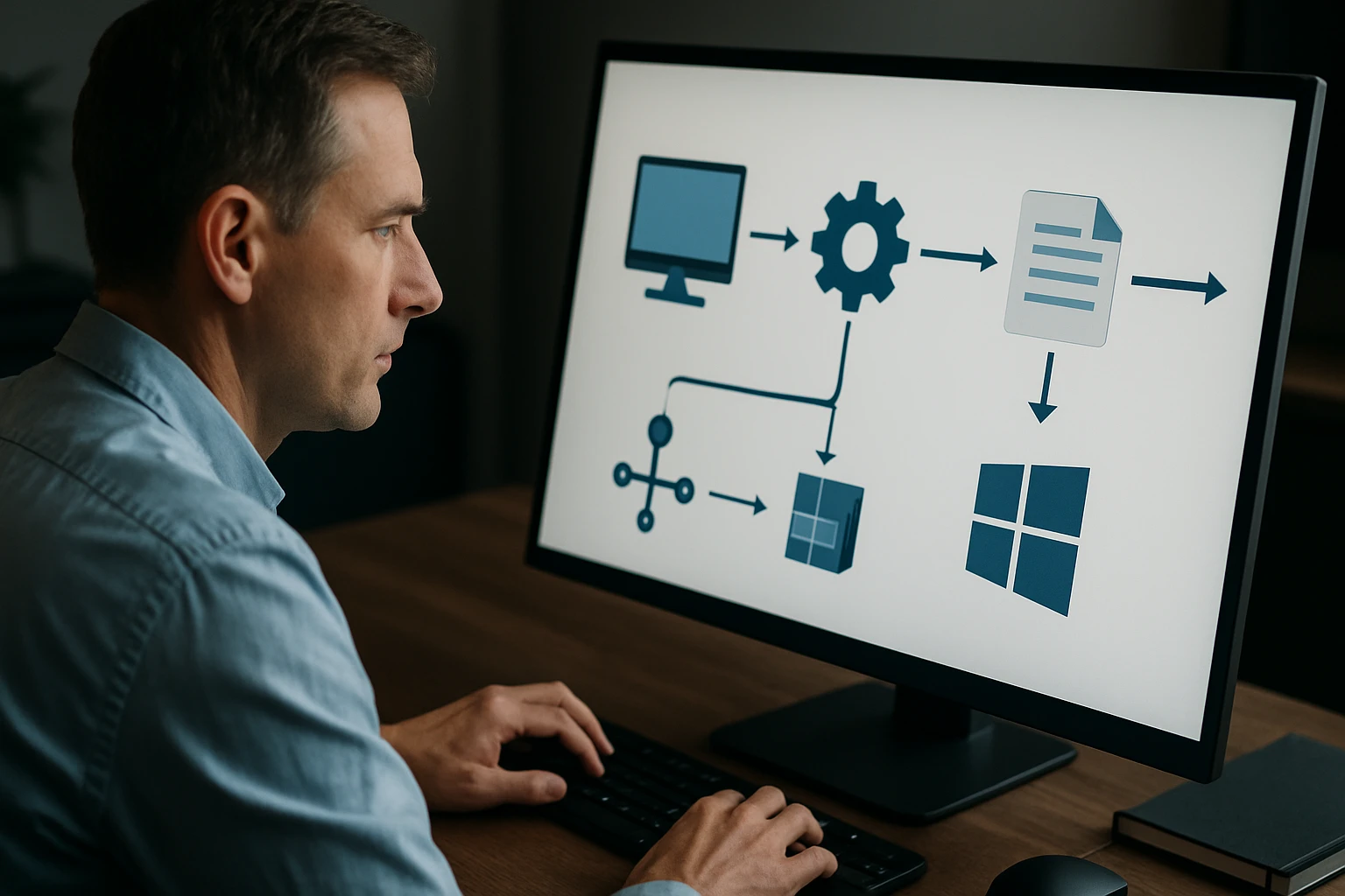 Egy férfi számítógép előtt ül, miközben folyamatábrát néz a képernyőn.