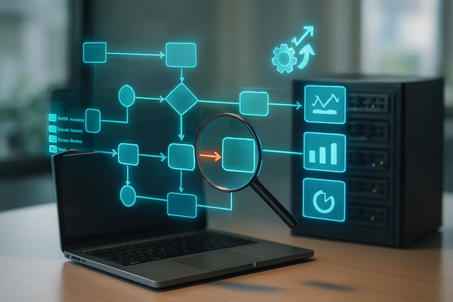 Egy laptop képernyőjén digitális folyamatábra látható, mellette adatfeldolgozó szerver.
