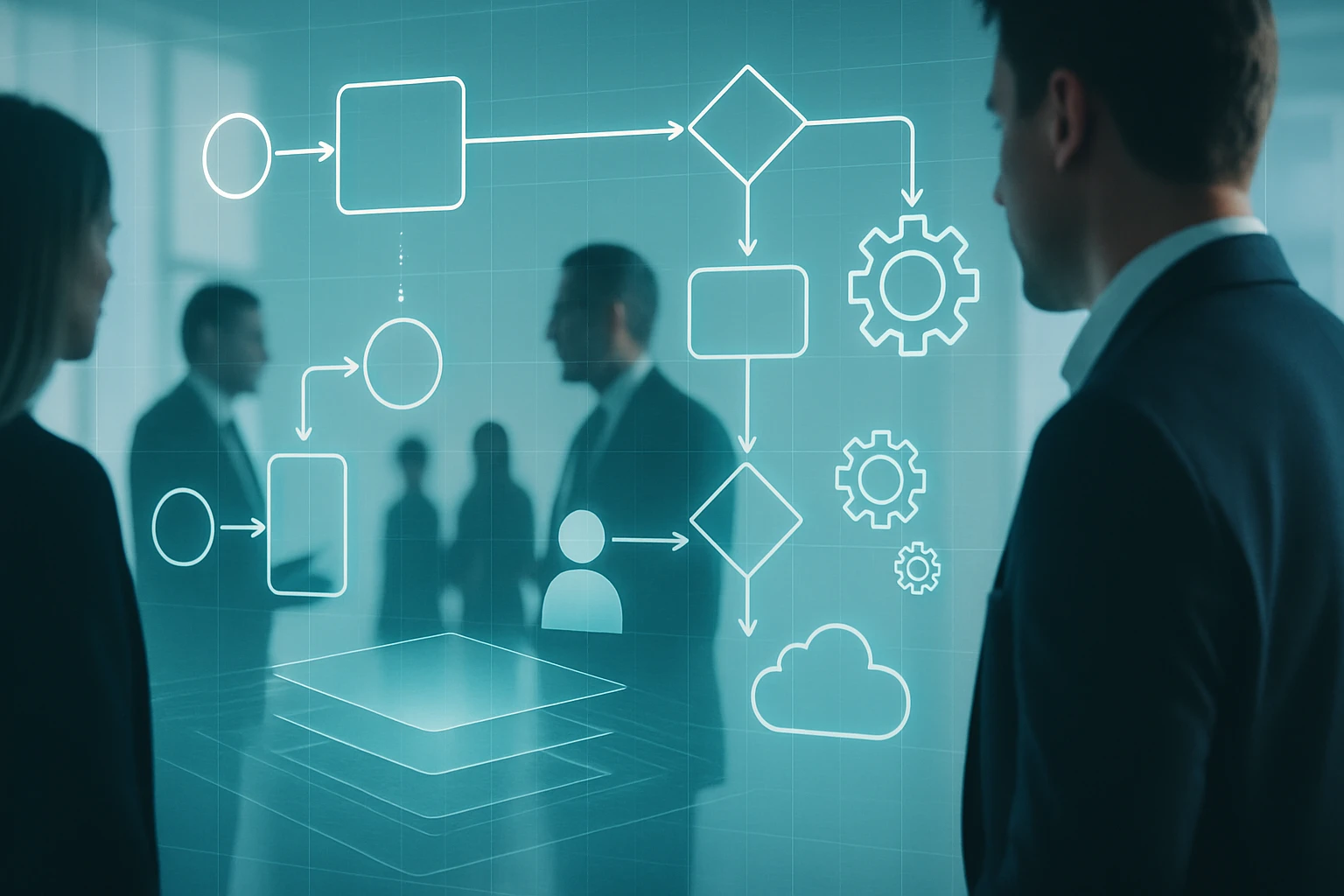 Két üzletember beszélget egy digitális folyamatábrát nézve.