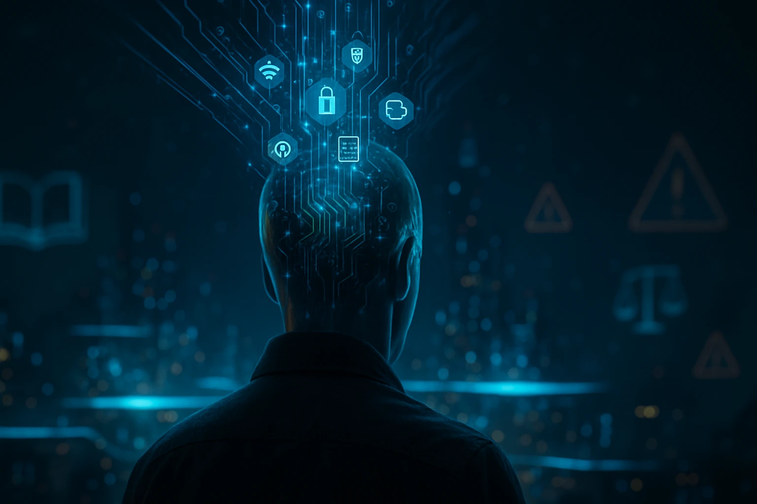 Egy humanoid figura hátulról, amelynek fejéből digitális ikonok emelkednek ki.