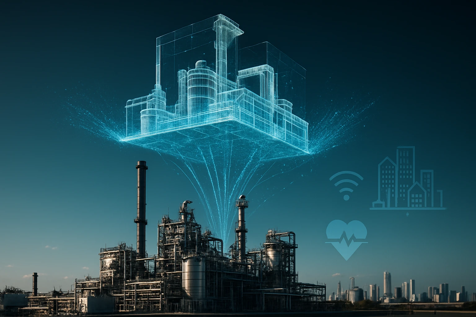 Digitális gyármodell lebeg a valós ipari létesítmény felett, adatfolyammal.