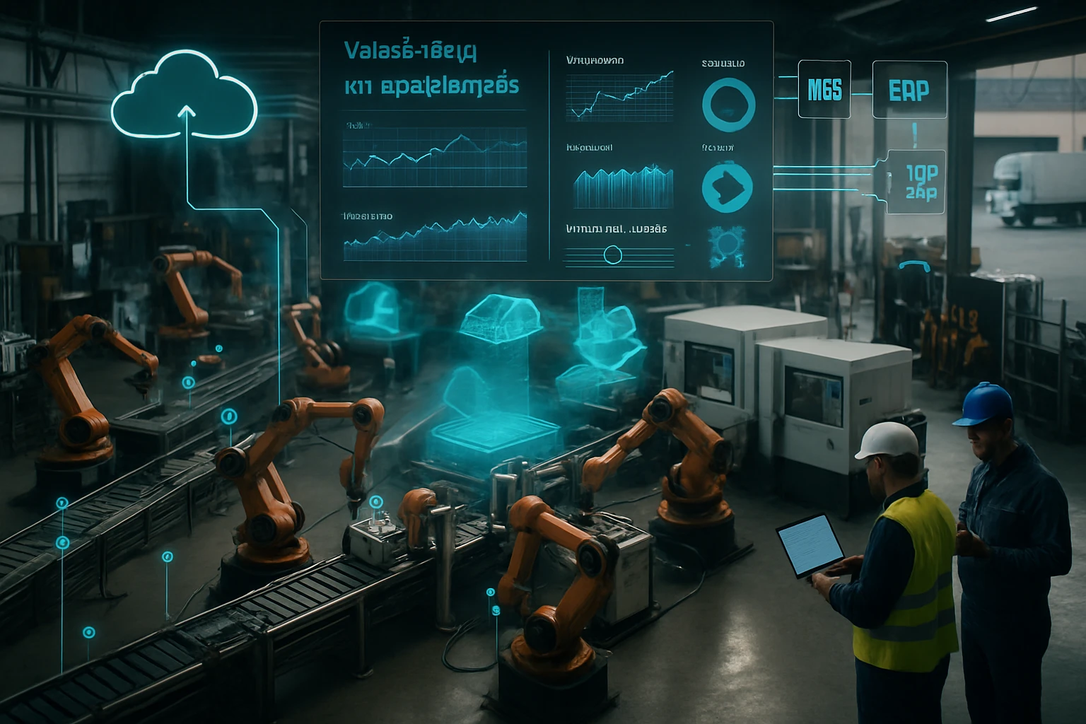 Két mérnök egy modern gyárban, ahol robotkarok és digitális kijelzők működnek.