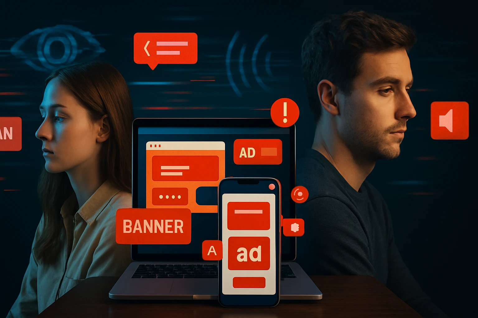 Két fiatal felnőtt ül egymás mellett, számítógép és telefon hirdetésekkel.