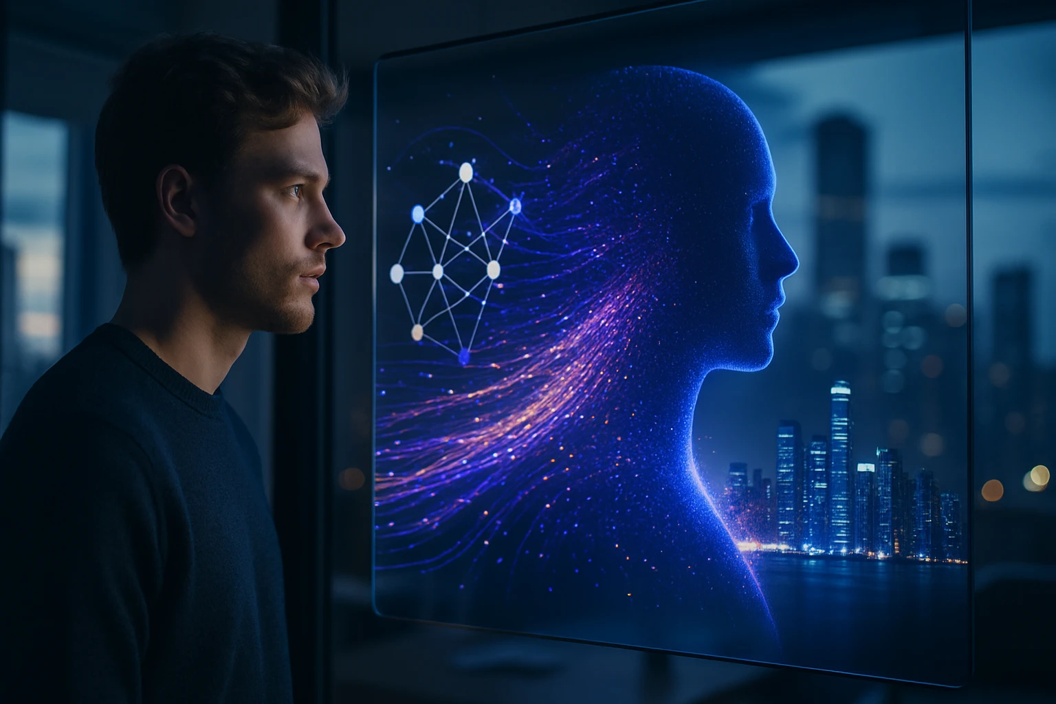 Egy férfi figyel egy holografikus, digitális női arcképre, háttérben városi tájjal.