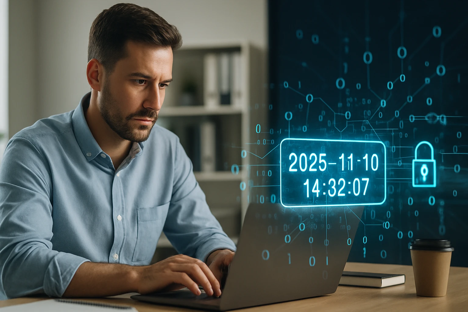 Egy férfi laptop előtt ül, digitális időpont és zár ikon látható a képernyőn.