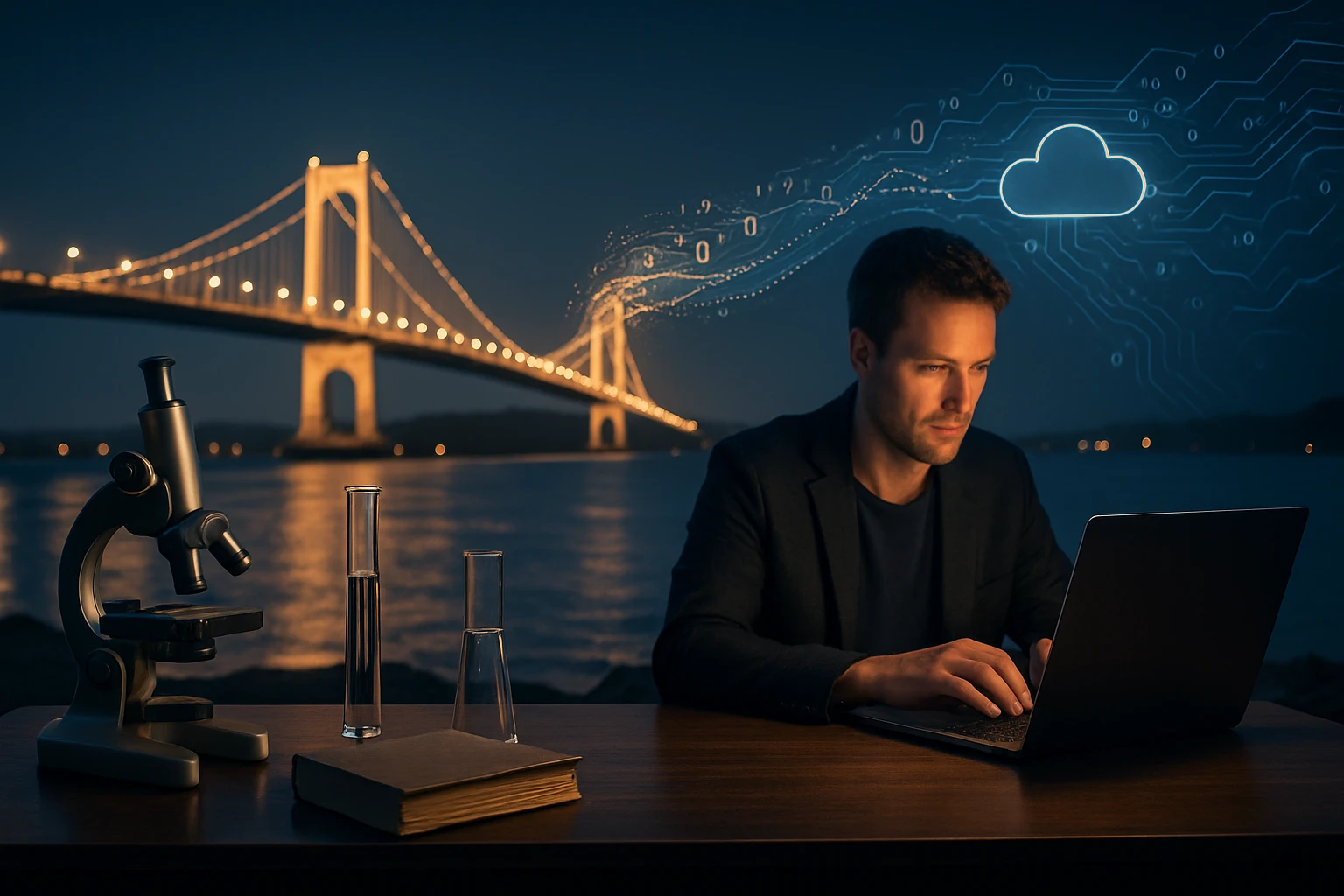 Egy férfi laptopon dolgozik, miközben egy híd és laboratóriumi eszközök láthatók.