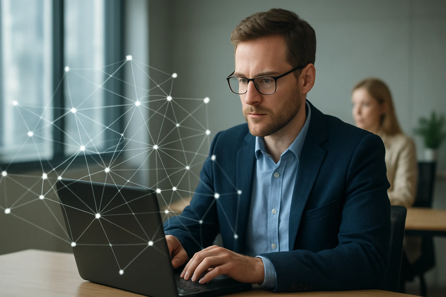 Egy férfi laptop előtt ül, digitális hálózati elemek láthatók körülötte.