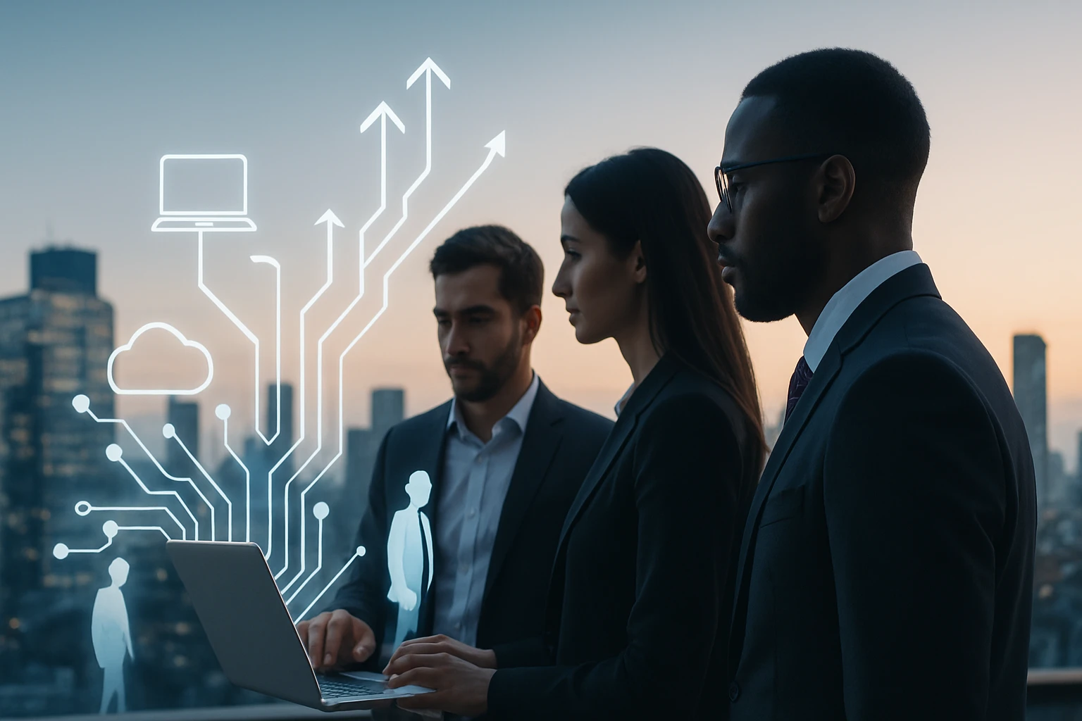 Három üzletember áll egy laptop előtt, digitális ikonokkal a háttérben.