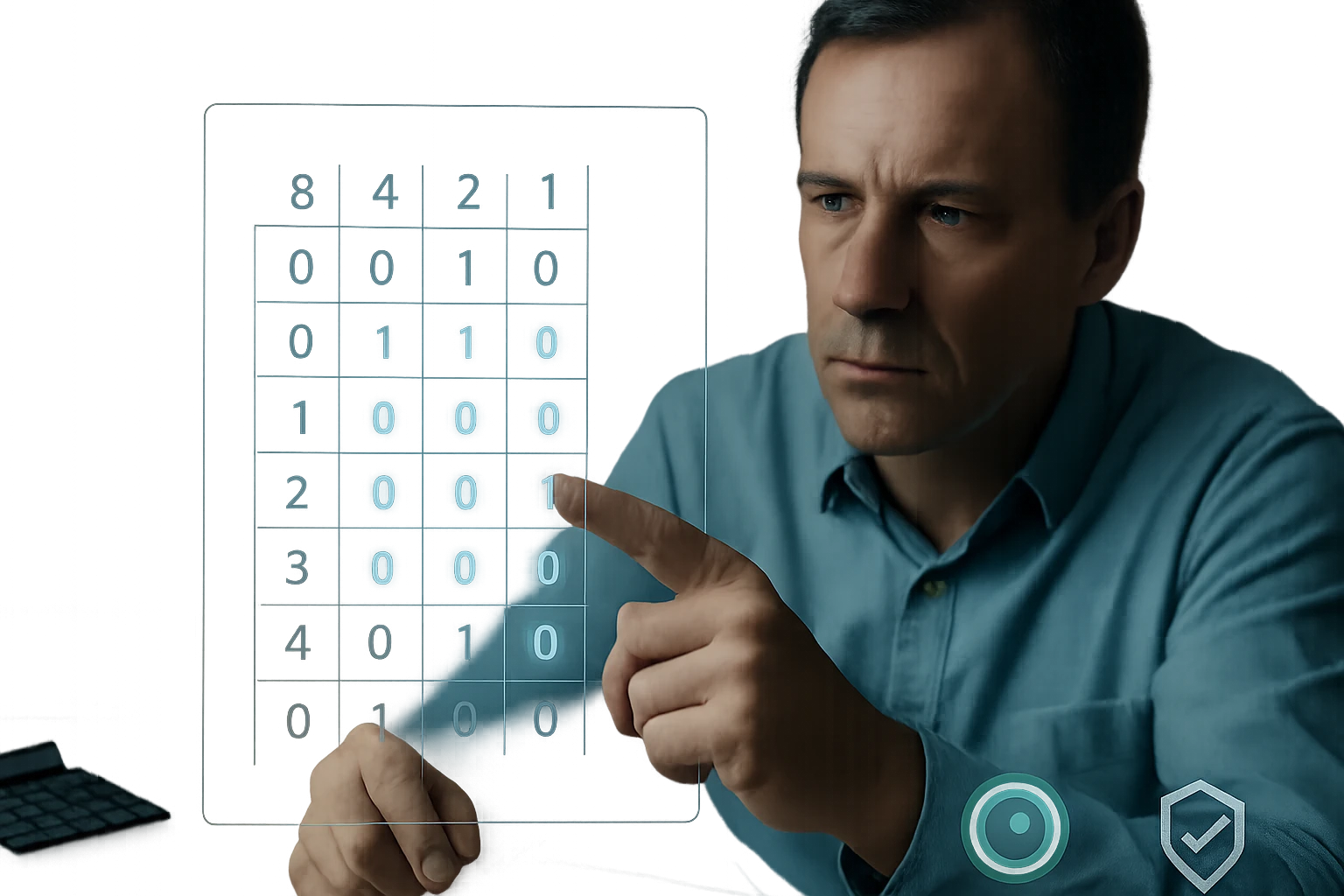 Egy férfi digitális, áttetsző kijelzőn számokat érint, koncentrált arckifejezéssel.