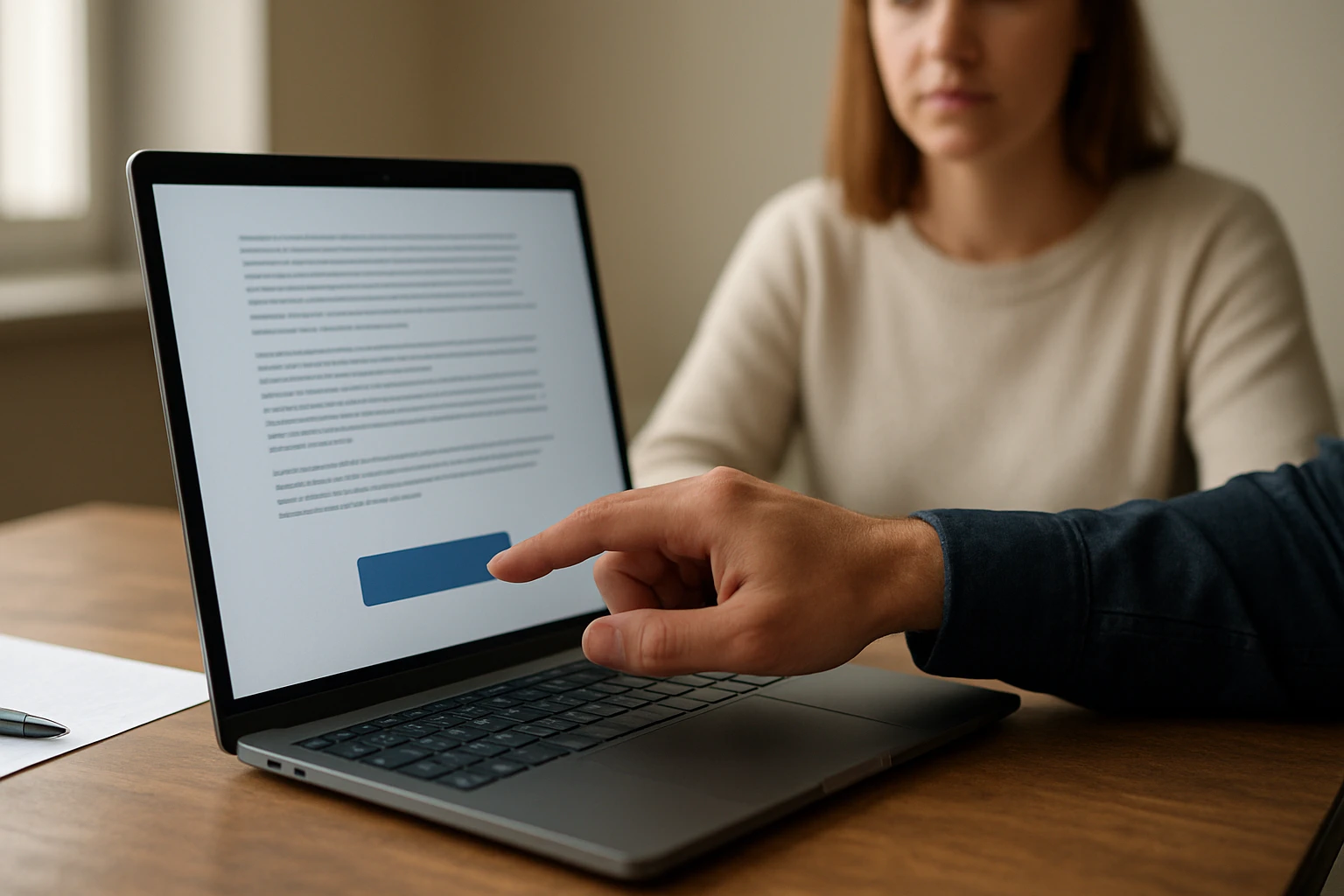 Egy férfi mutatóujja egy laptop képernyőjén lévő gombra mutat, háttérben egy nő ül.