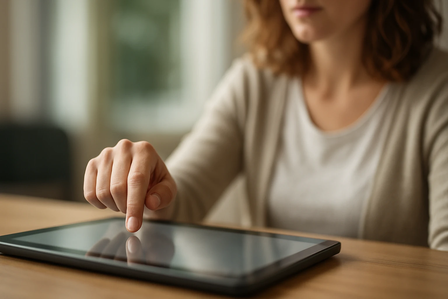 Egy nő az asztalon lévő táblagépen navigál, ujja a képernyőn.