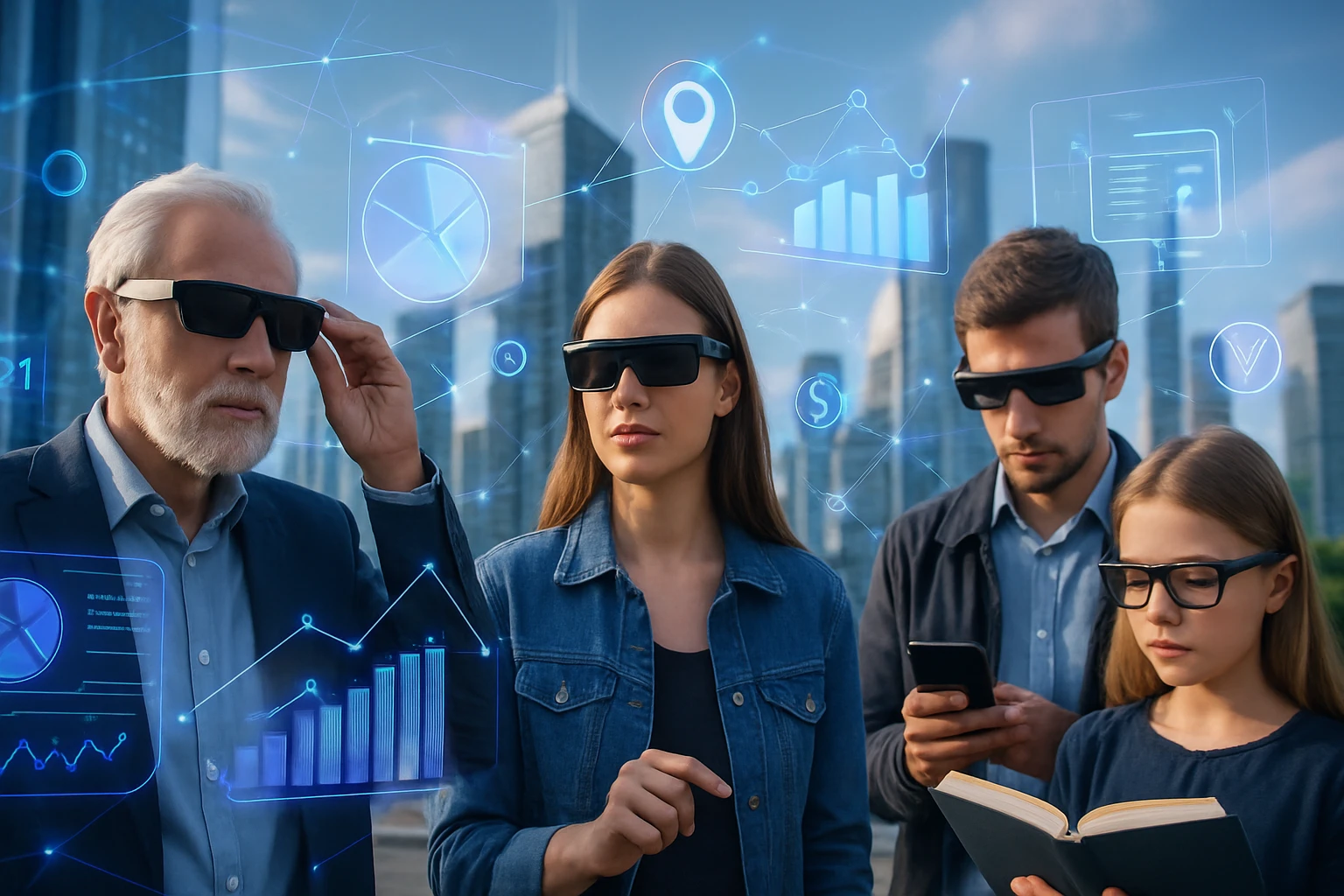 Négy ember modern okosszemüveget visel, digitális grafikák között állva.
