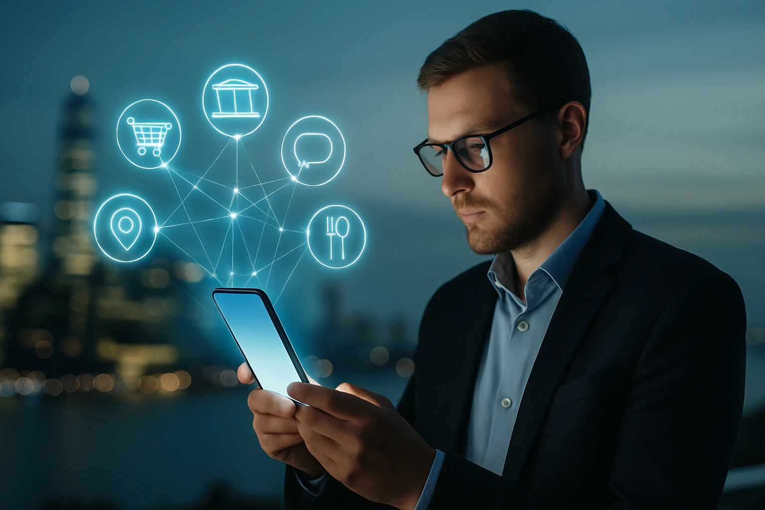 Egy férfi okostelefont használ, körülötte digitális ikonok láthatók.