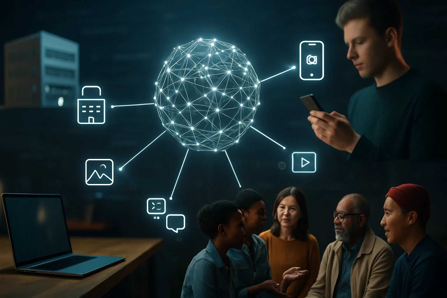 Egy fiatal férfi okostelefonon néz, miközben egy globális hálózat látható a háttérben.