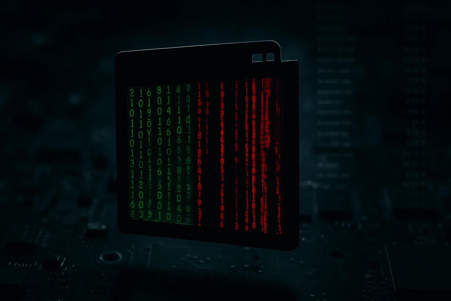 Egy digitális képernyő, zöld és piros bináris kódokkal, sötét háttér előtt.