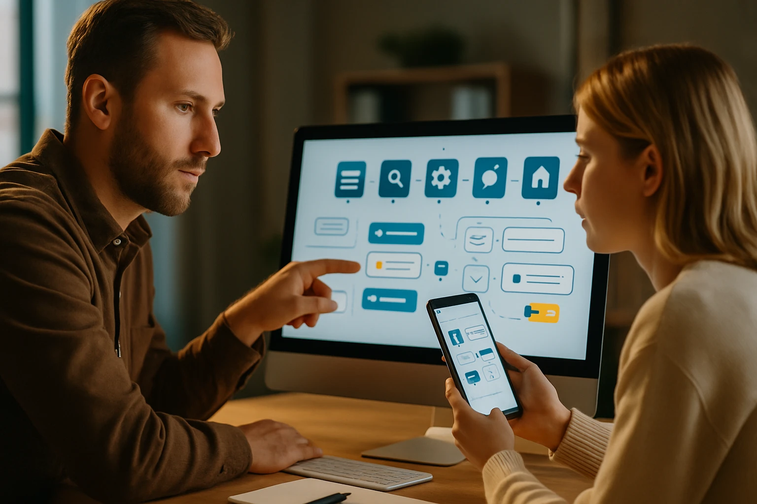 Két ember beszélget egy számítógép előtt, mobiltelefonon alkalmazást mutatva.