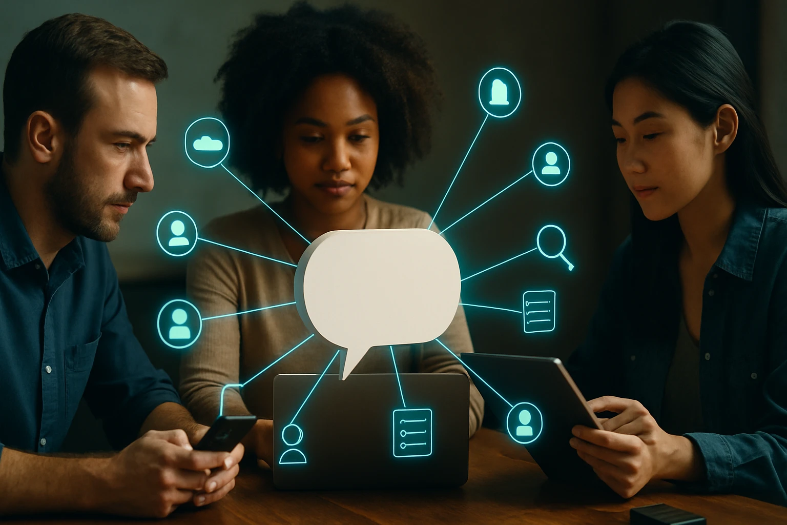 Három ember ül egy asztalnál, digitális eszközöket használnak, kommunikációs ikonokkal.