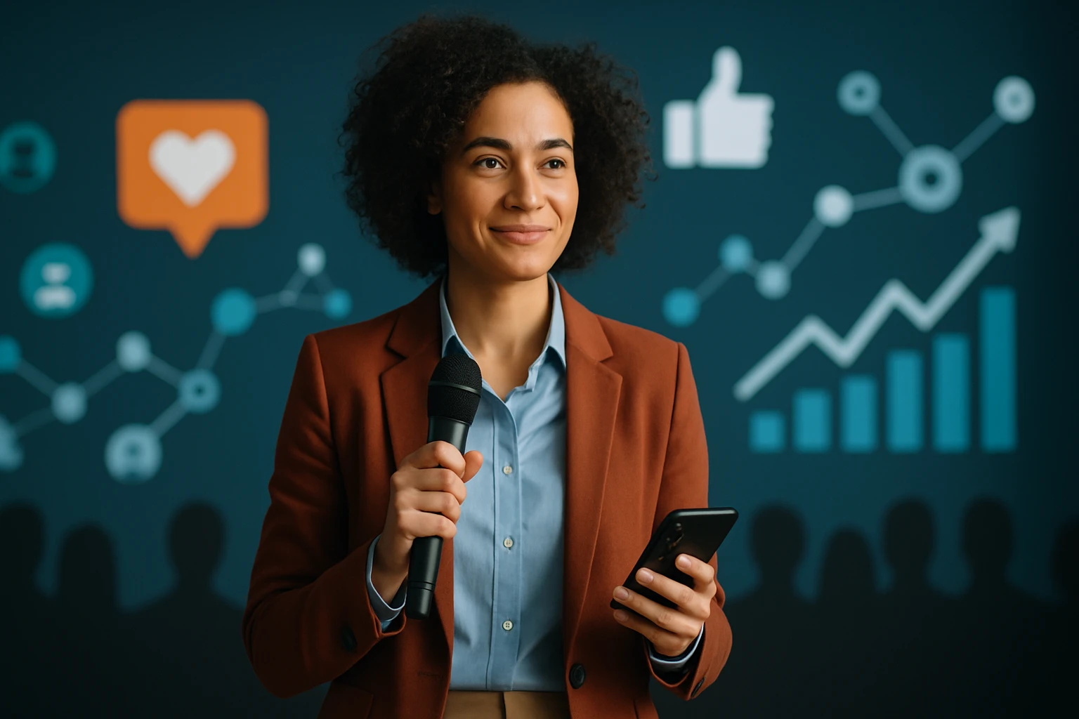 Egy nő mikrofont tart a kezében, miközben okostelefont néz, háttérben grafikonokkal.