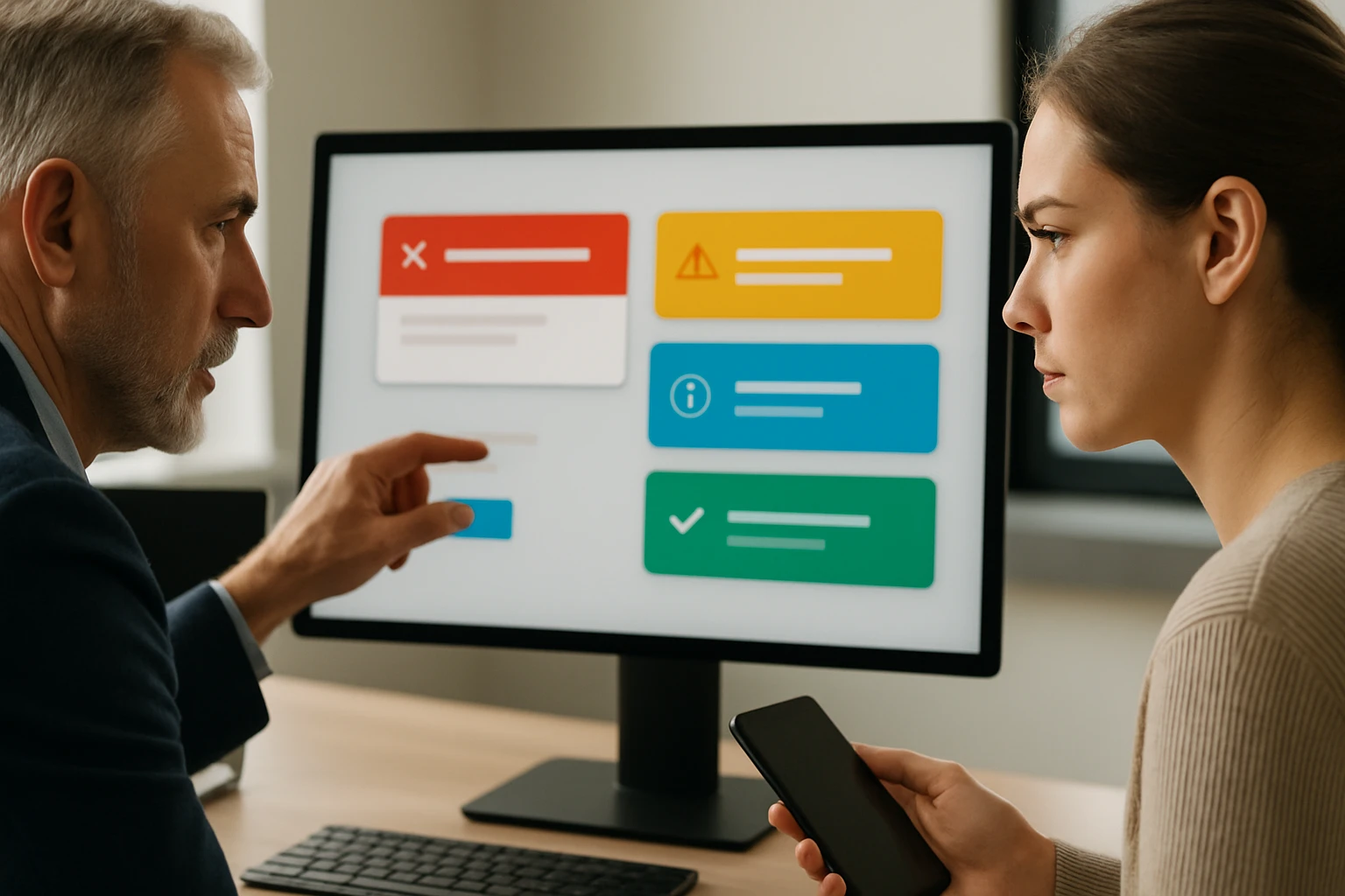 Egy férfi és egy nő beszélget egy számítógép előtt, figyelve a képernyőn lévő értesítéseket.