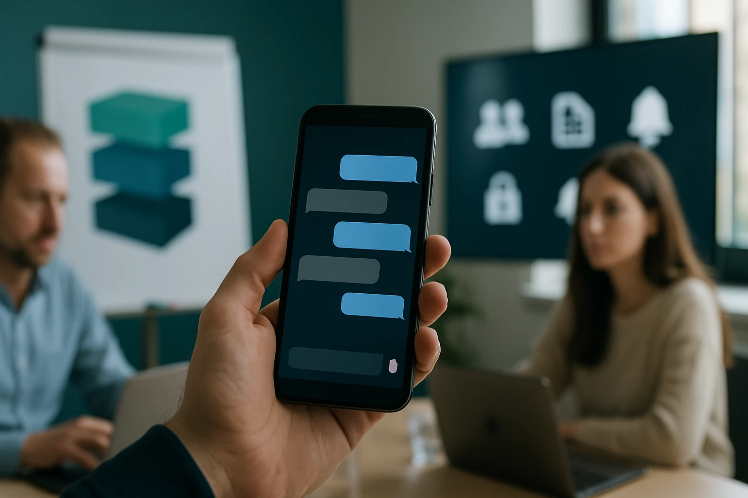 Egy kézben tartott okostelefon, üzenetek láthatók a képernyőn.