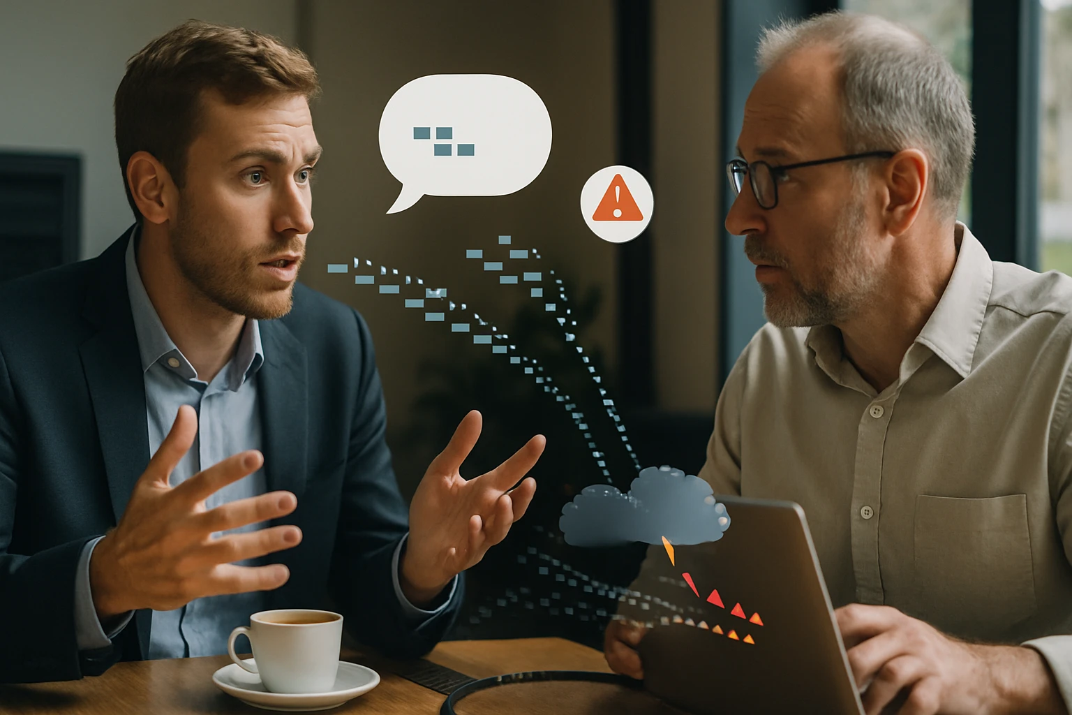 Két férfi beszélget egy irodában, digitális elemekkel a háttérben.