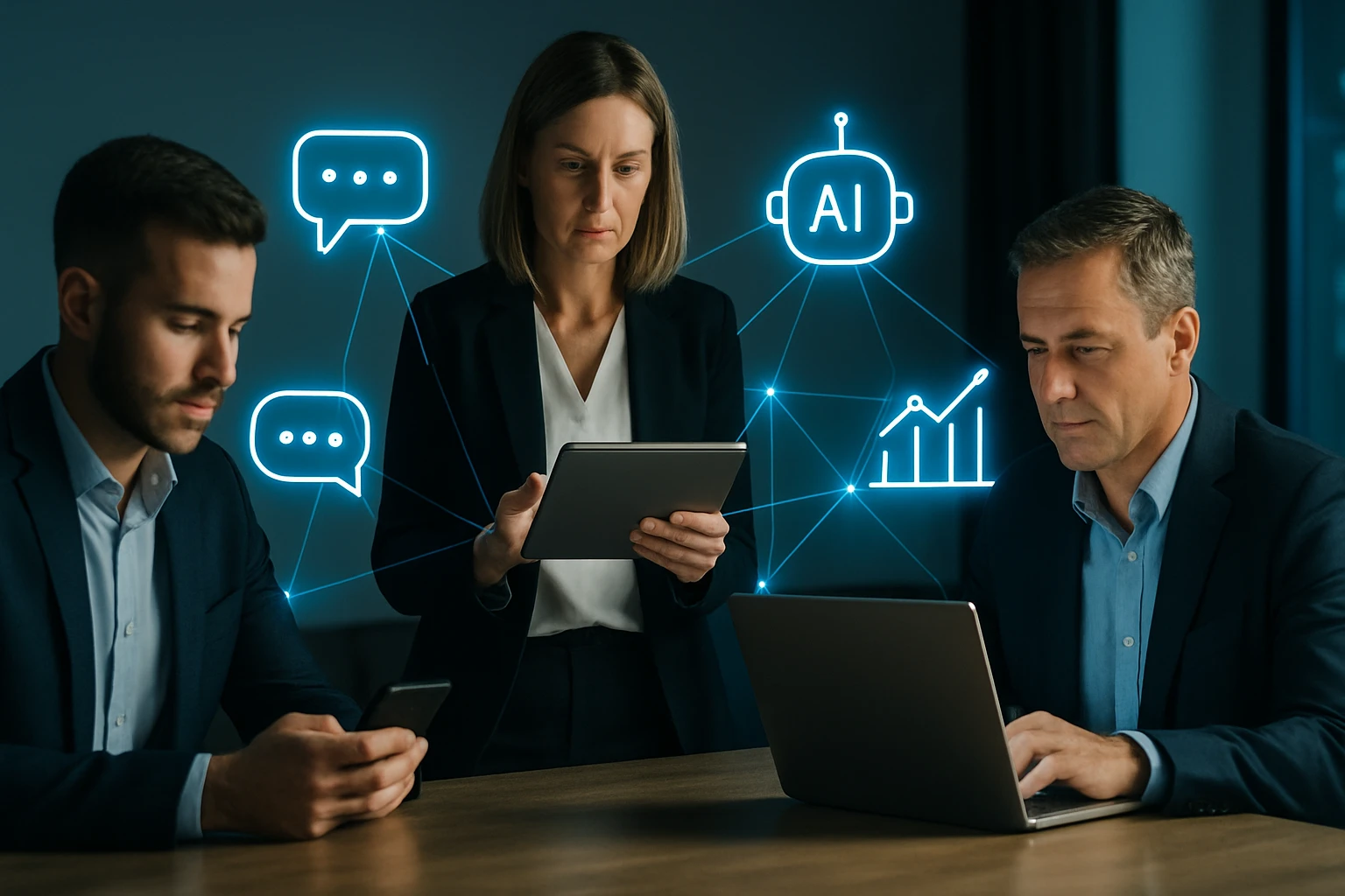 Három üzletember egy asztalnál, digitális eszközöket használva, AI ikonokkal.