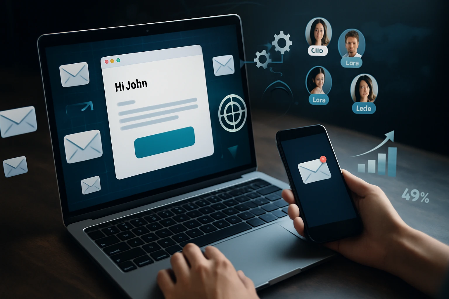 Egy laptop és egy okostelefon képernyőjén e-mailek és statisztikák láthatók.