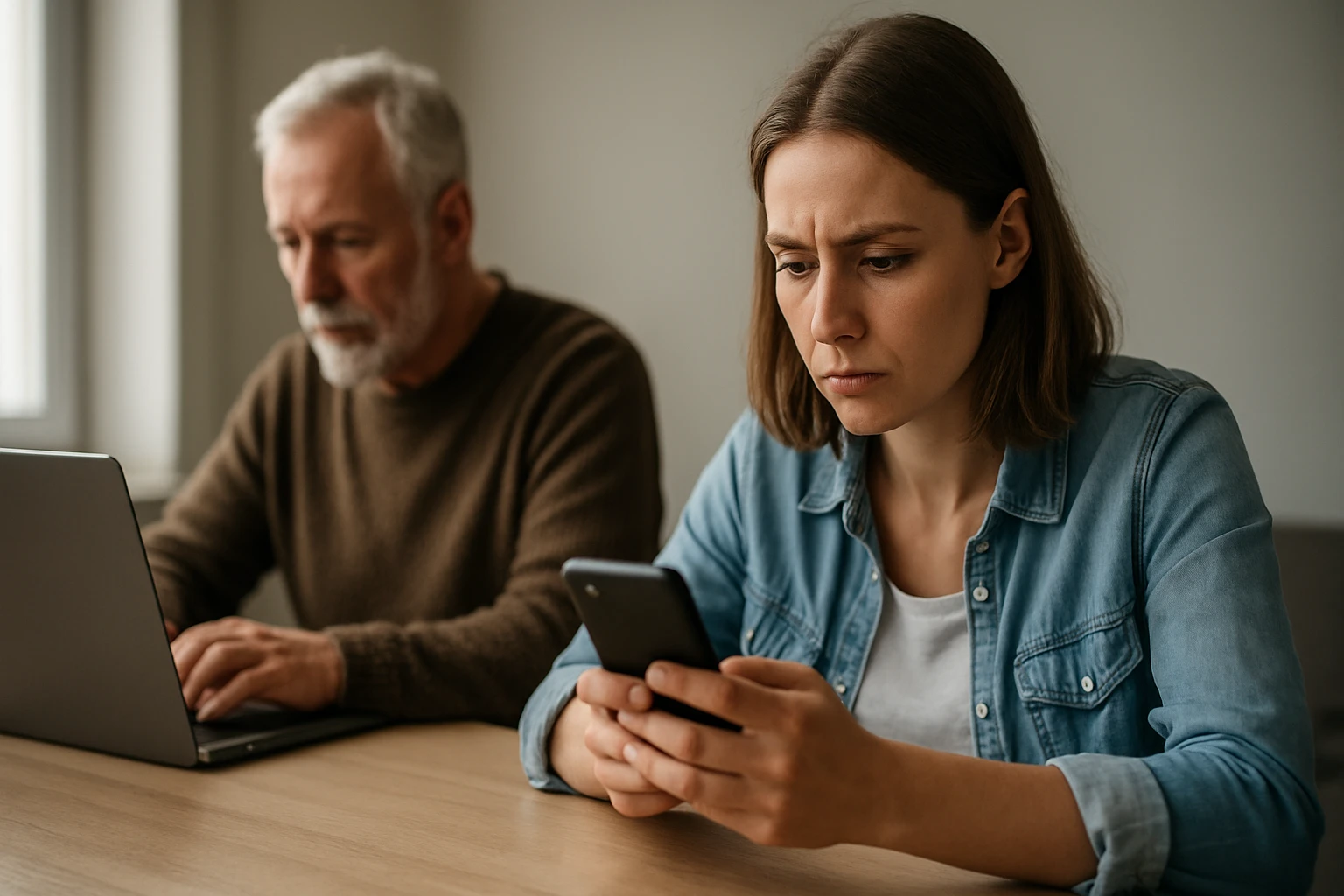Egy fiatal nő telefonozik, míg egy idősebb férfi laptopot használ a háttérben.