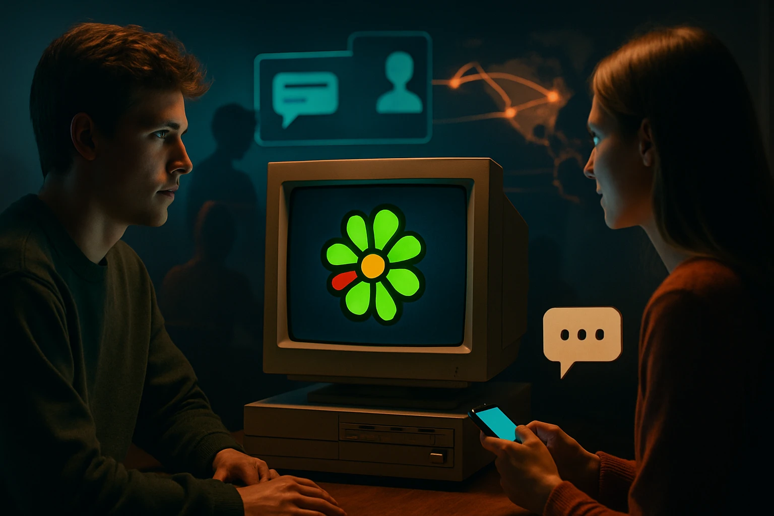 Két fiatal, egy régi számítógép előtt ülve, chatelnek.