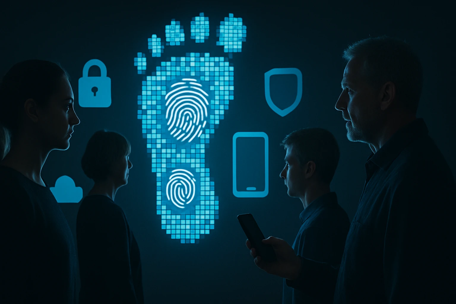 Három ember profilja látható, háttérben digitális lábnyom és biztonsági ikonok.