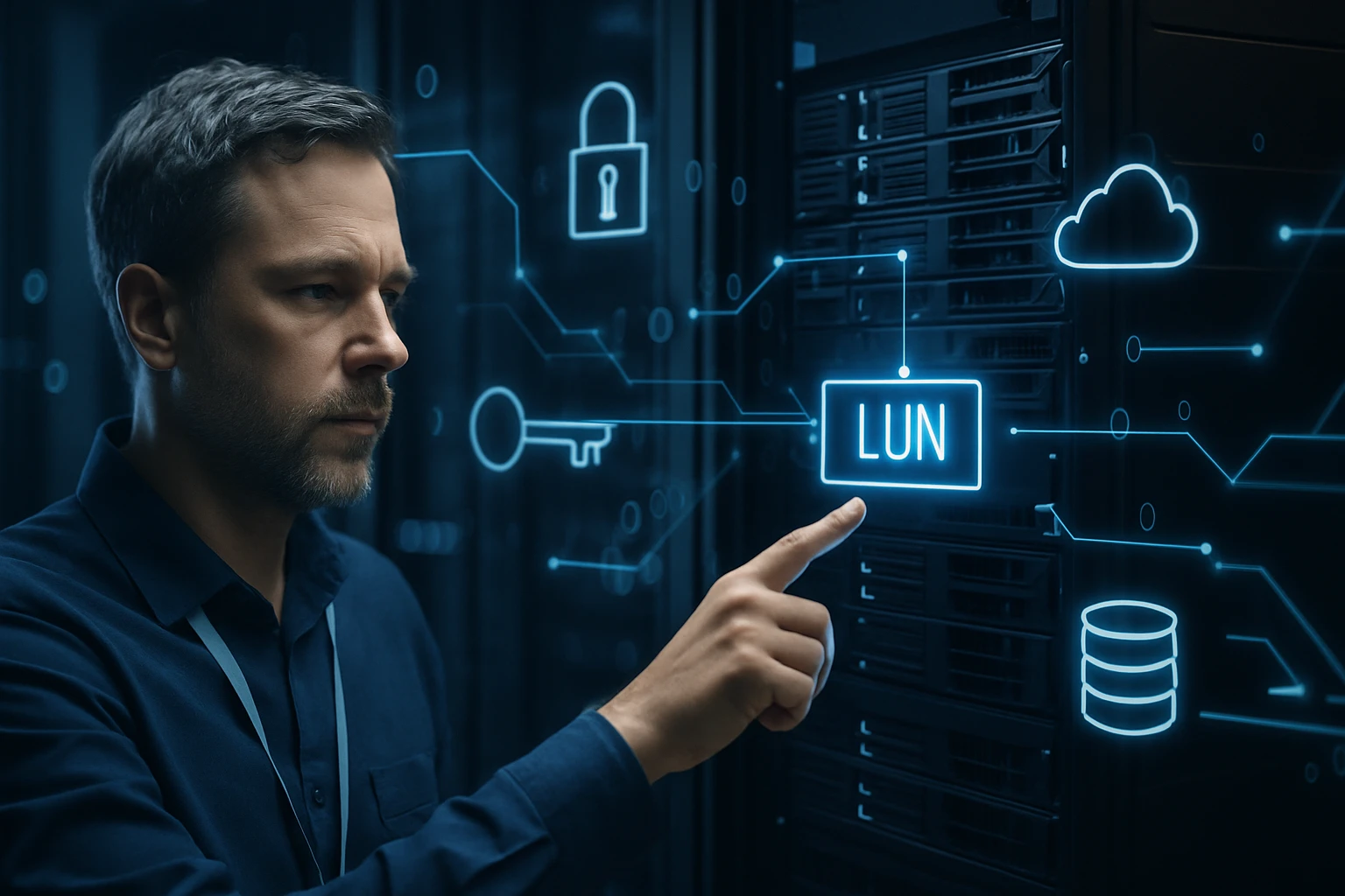 Egy férfi mutat a szerverek előtt lebegő digitális LUN feliratra.