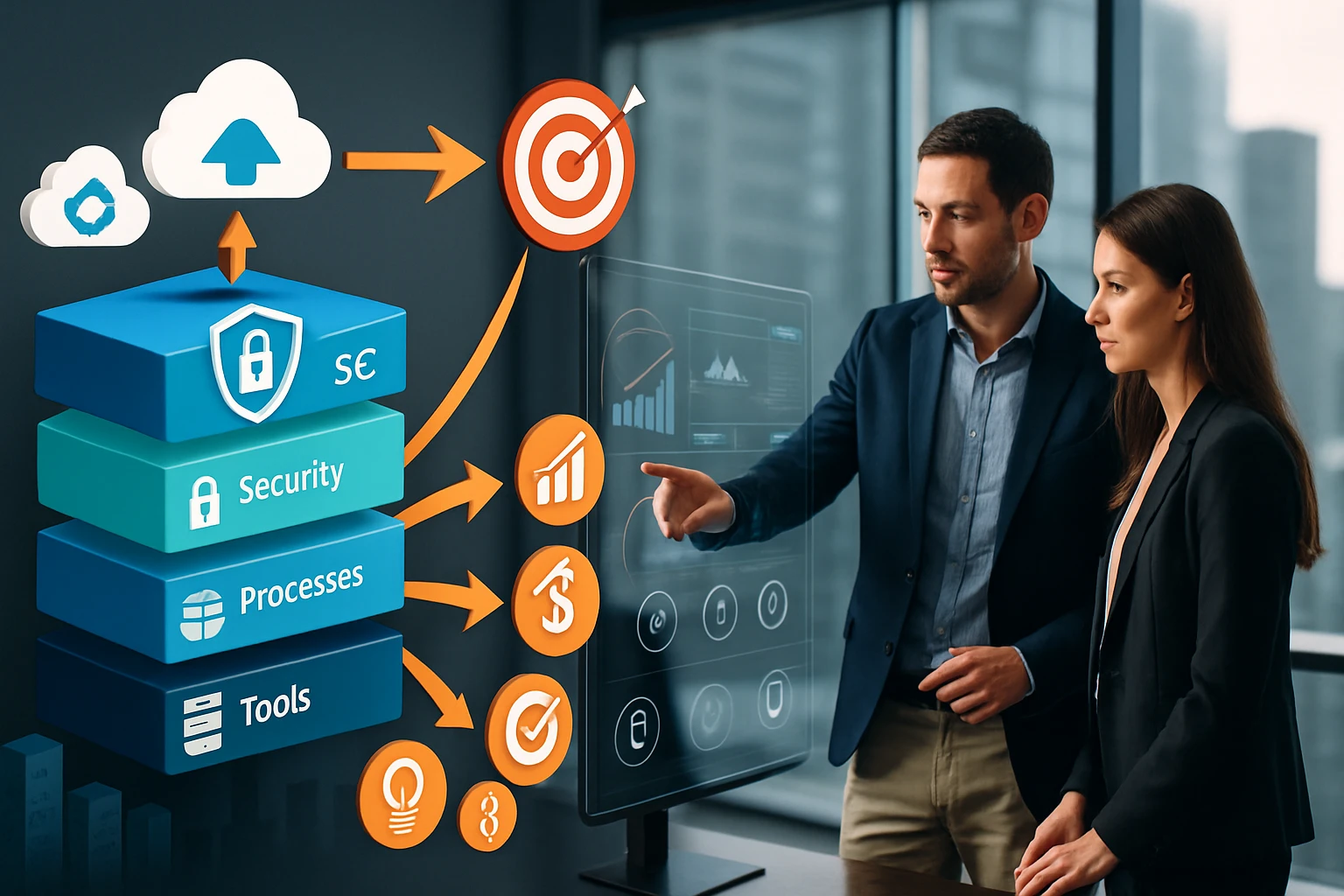 Két üzletember egy digitális táblán elemzi a biztonsági és folyamatkezelési adatokat.