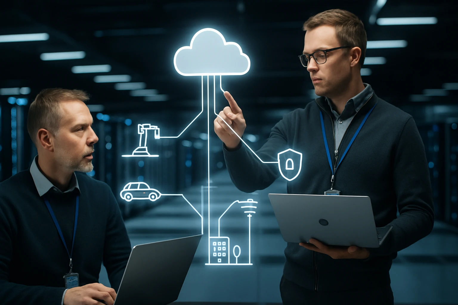 Két férfi egy modern adatközpontban, digitális felhőszolgáltatásokkal foglalkoznak.