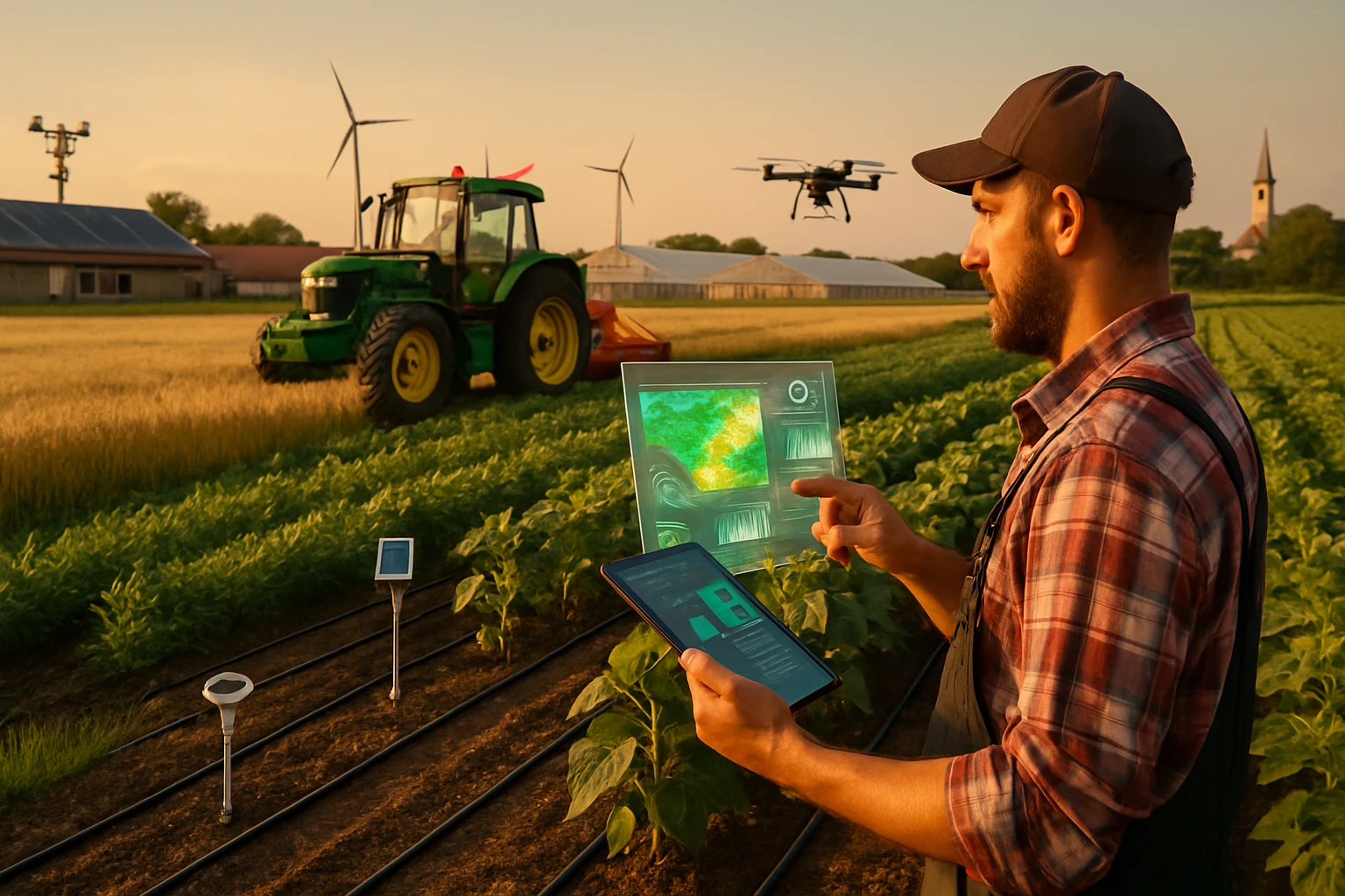 Egy gazda digitális eszközöket használ a modern mezőgazdaságban, drón és traktor mellett.
