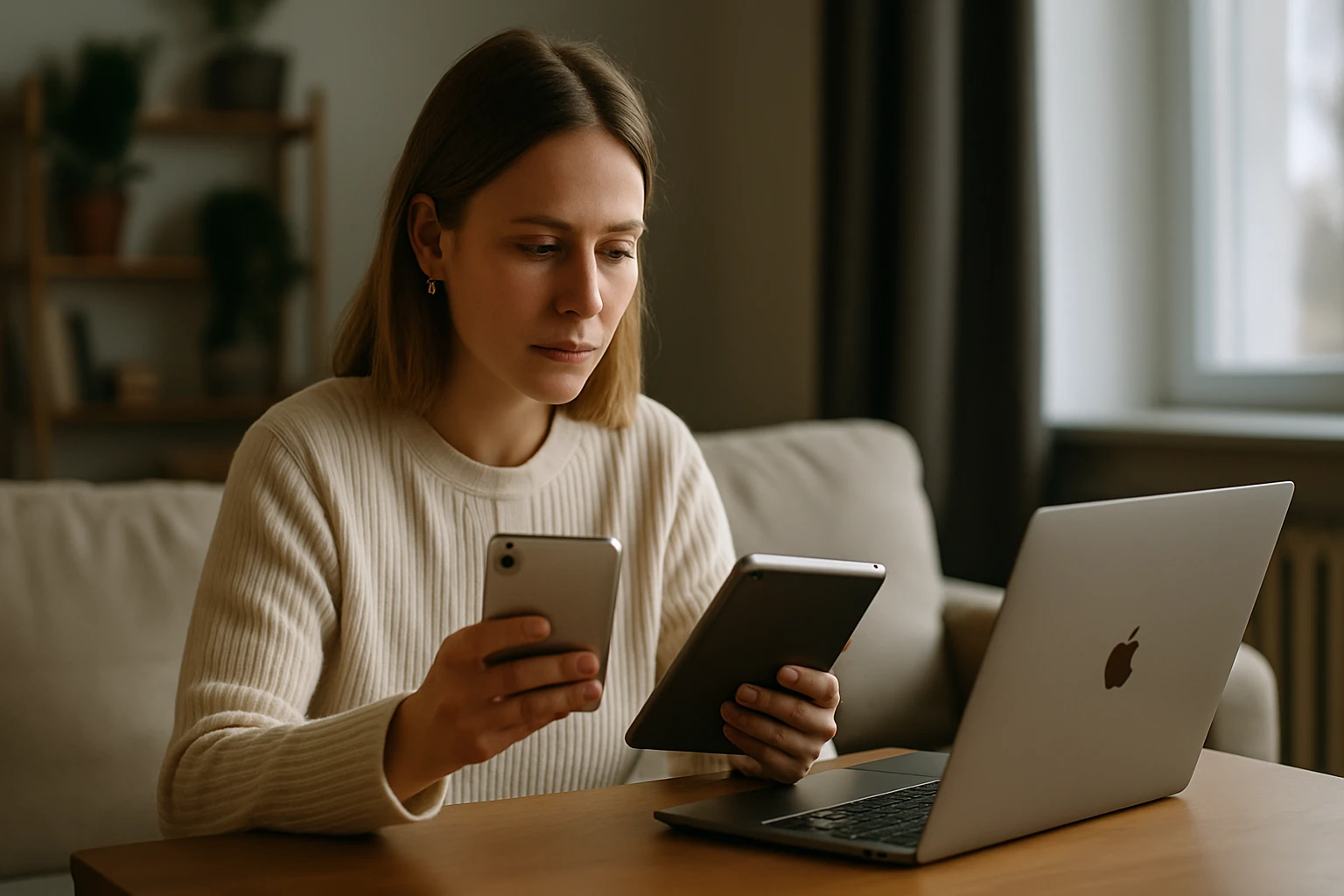 Egy fiatal nő telefonját és táblagépét nézi, miközben laptop előtt ül.