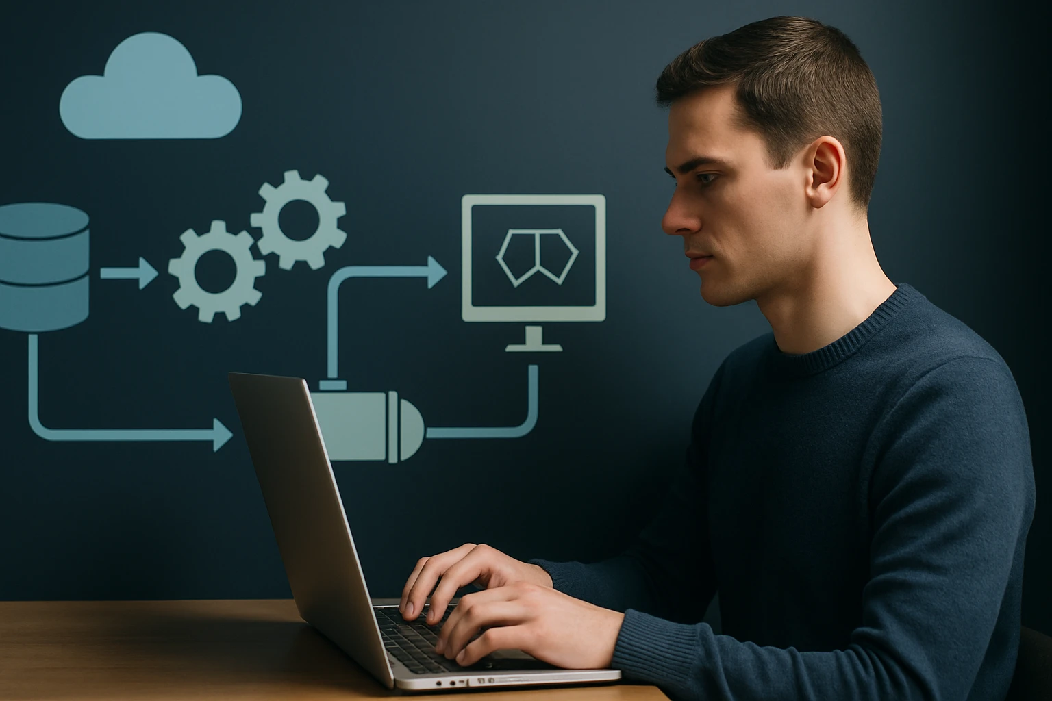 Egy fiatal férfi laptopon dolgozik, háttérben technológiai ikonokkal.