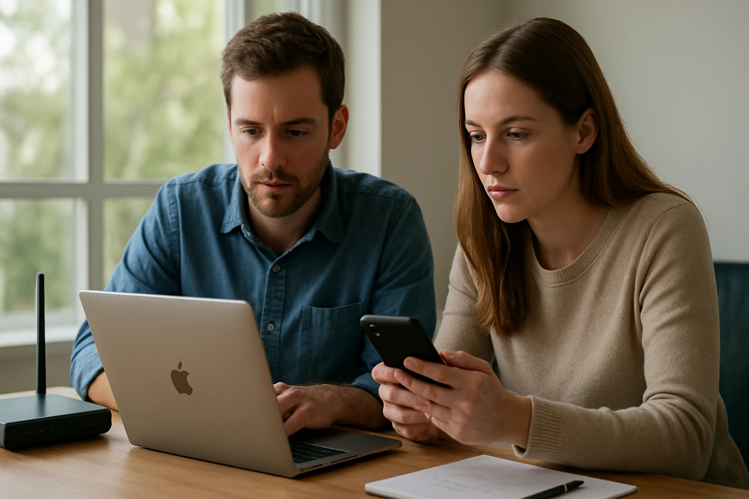 Két fiatal felnőtt dolgozik egy asztalnál, laptop és okostelefon előtt.